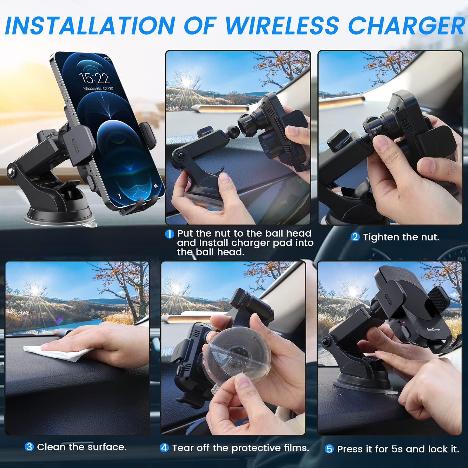 Wireless Car Charger, Fast Charging 15W Auto Clamping Car Charger Phone Holder Phone Mount for iPhone15 14 13 12 11 Pro Max Xs, Samsung Galaxy S23 Ultra S22 S21 S20 S10+ Note 9, etc