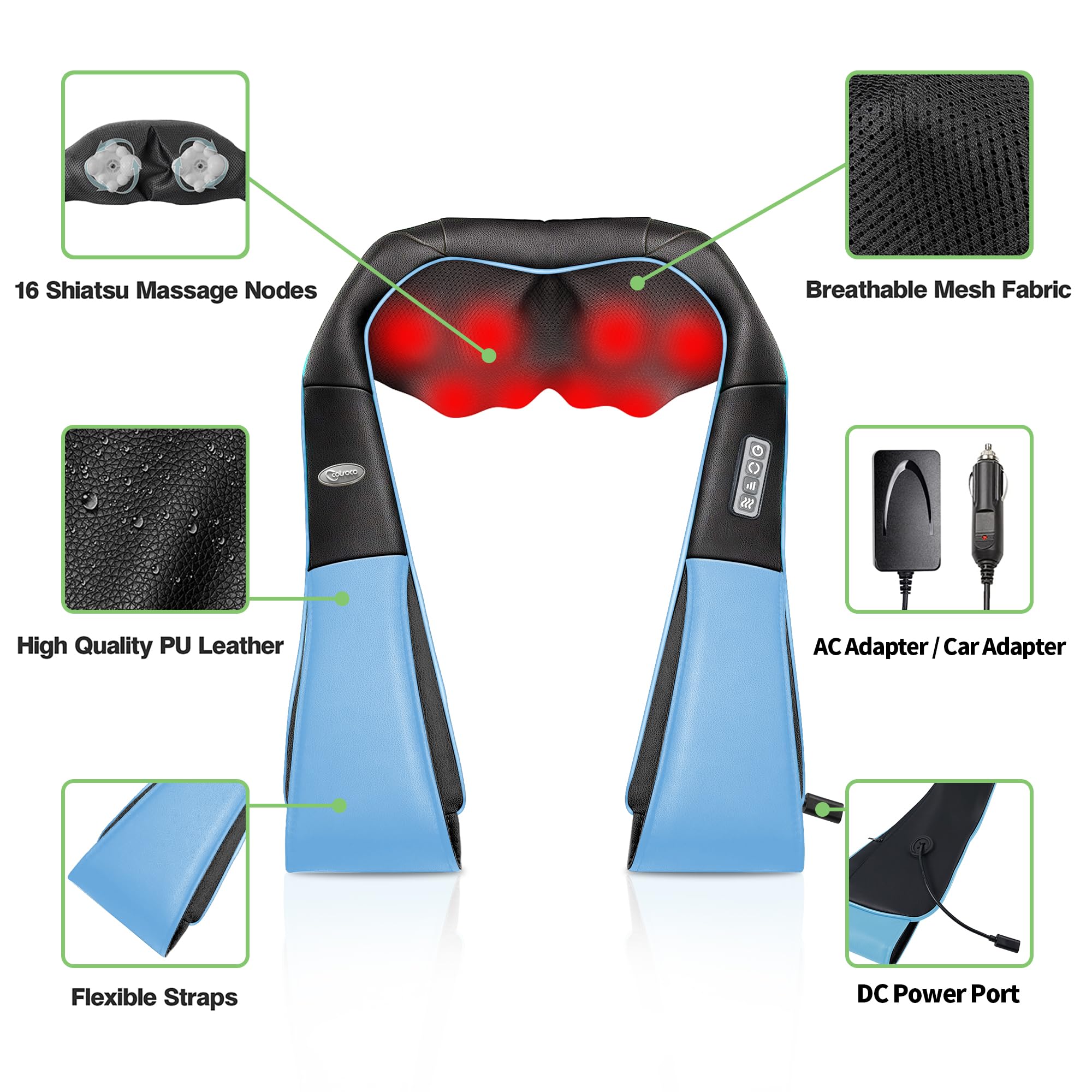 cotsoco Neck Massager, Shiatsu Neck and Back Massager with Heat for Pain Relief, Deep Tissue 3D Kneading Massage Pillow, Relaxation Gifts for Men and Women, Gifts for Dad, Elderly,Wife (Azure)