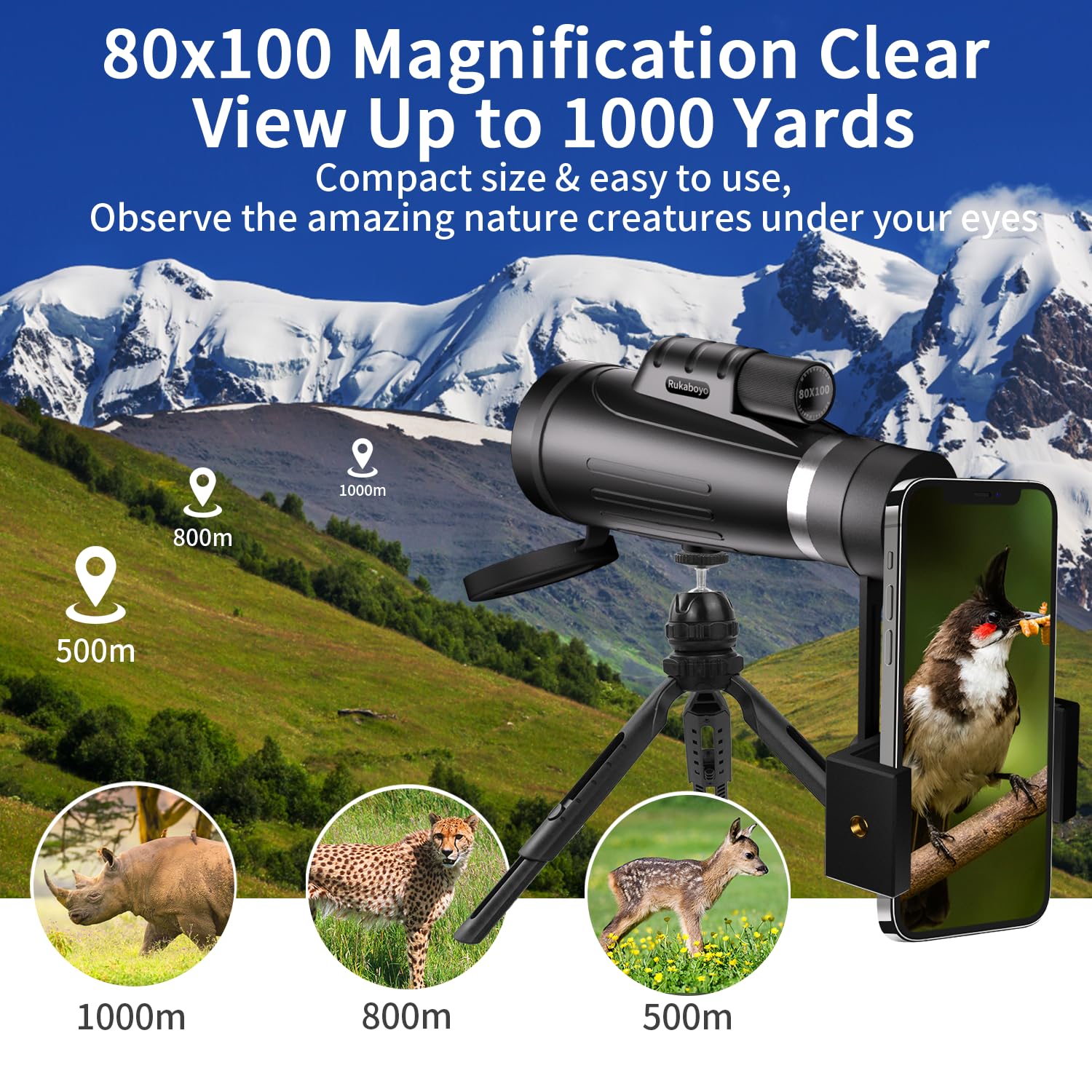 HD Monocular Telescope High Powered with Smartphone Adapter Tripod BAK4 Prism Monocular for Wildlife Bird Watching Hunting Travel Camping Stargazing Hiking (80X100 HD Monocular Telescope High Powered)