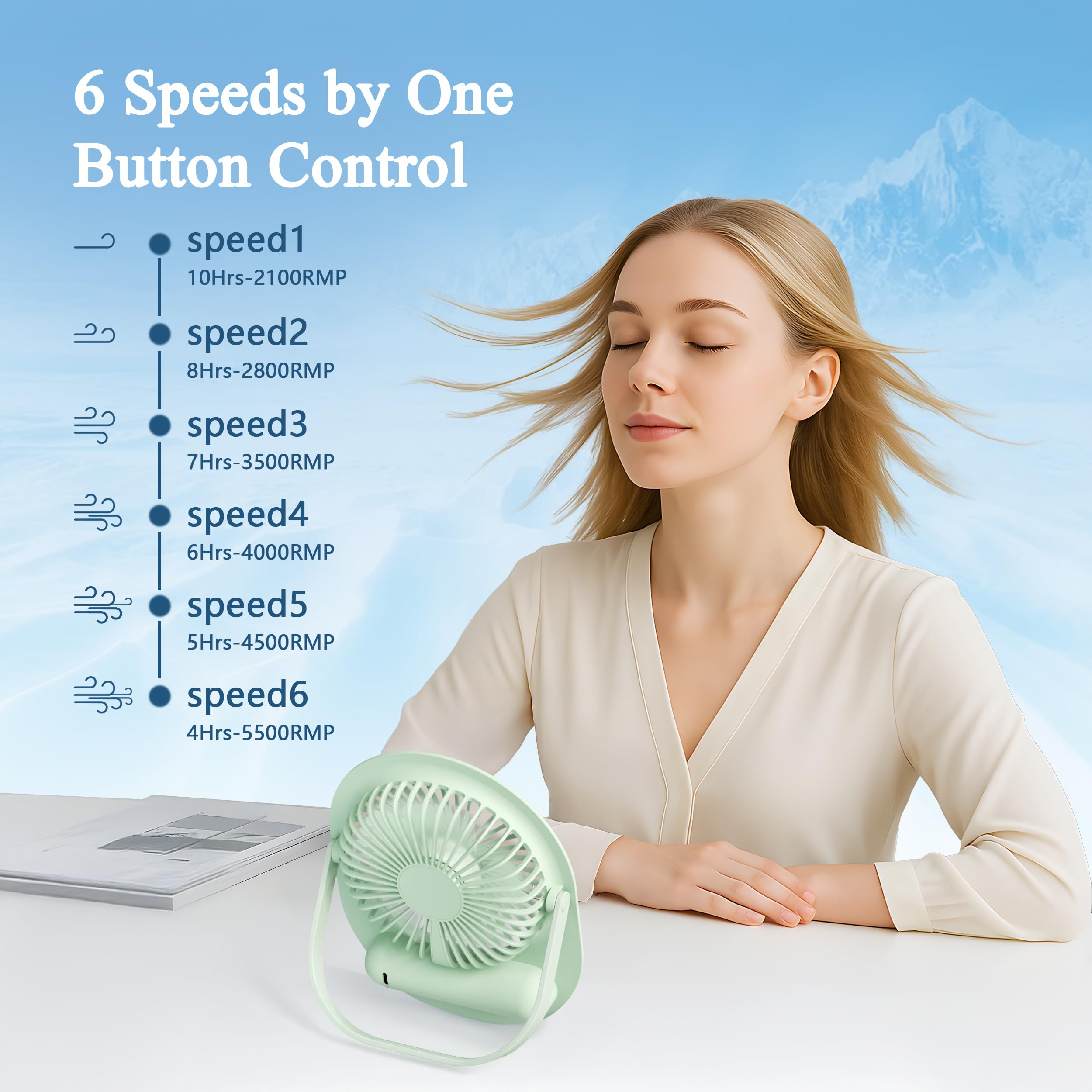 USB Desk Fan,3 IN 1 Rechargeable Portable Fan,180 Adjustable,6 Speed Strong Wind,Mini Personal Desktop Fan for Travel/Cruise/Bedroom/Office/Indoor/Outdoor,Desk Accessories for Women/Men/girls (Green)