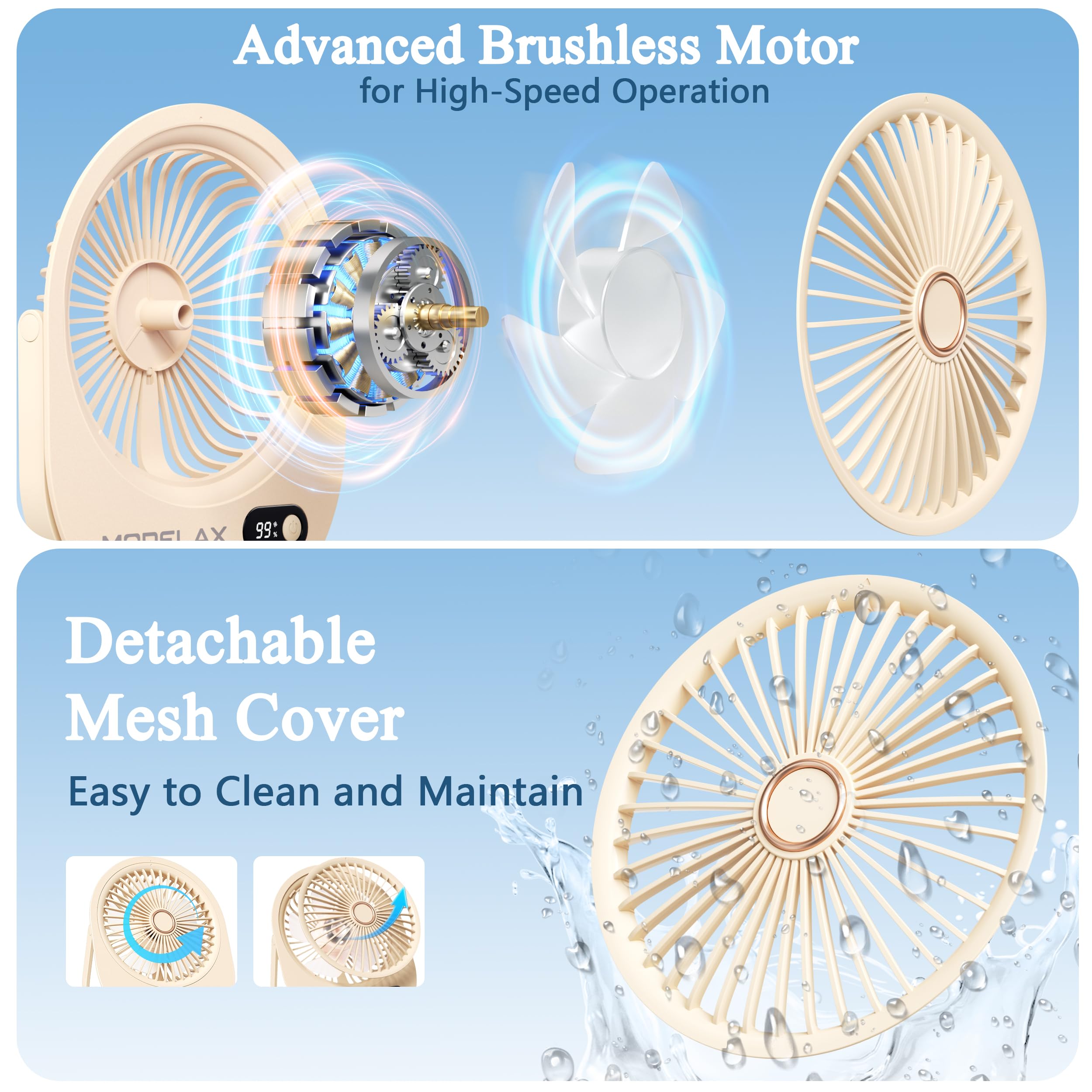 USB Desk Fan,3 IN 1 Rechargeable Portable Fan,180 Adjustable,6 Speed Strong Wind,Mini Personal Desktop Fan for Travel/Cruise/Bedroom/Office/Indoor/Outdoor,Desk Accessories for Women/Men/girls (Beige)