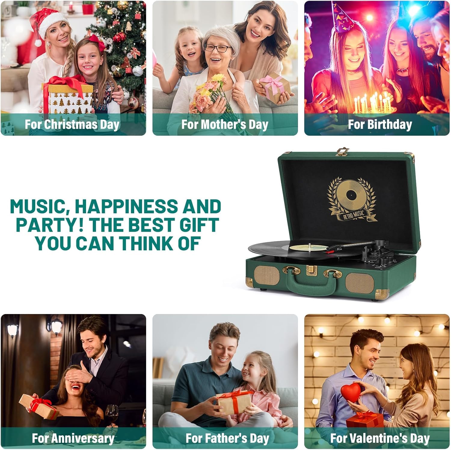 Vinyl Record Player Bluetooth Turntable 3-Speed Suitcase Portable Vintage Belt-Driven Record Player with Built-in Speakers RCA Line Out AUX in Headphone Jack Dark Hunter Green