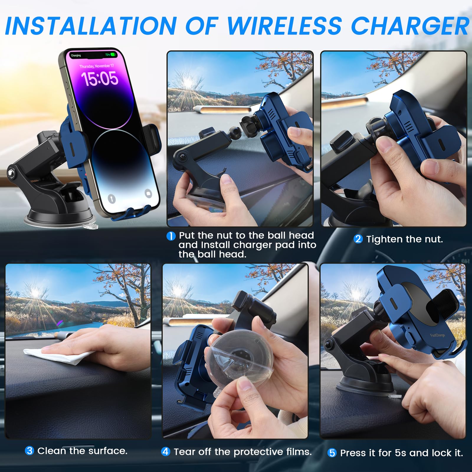 Wireless Car Charger,Fast Charging 15W Auto Clamping Car Charger(Blue)