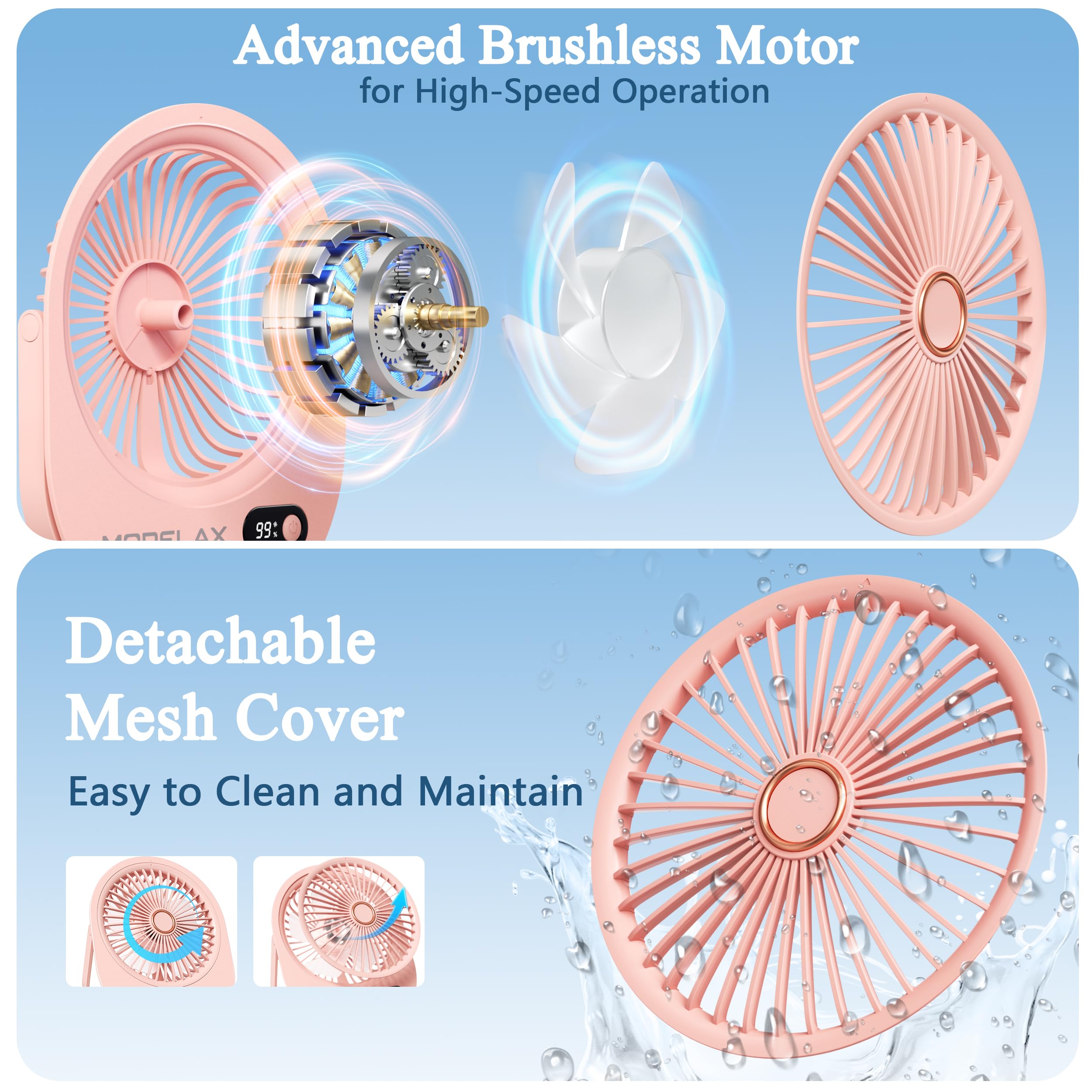 USB Desk Fan,3 IN 1 Rechargeable Portable Fan,180 Adjustable,6 Speed Strong Wind,Mini Personal Desktop Fan for Travel/Cruise/Bedroom/Office/Indoor/Outdoor,Desk Accessories for Women/Men/girls (Pink)