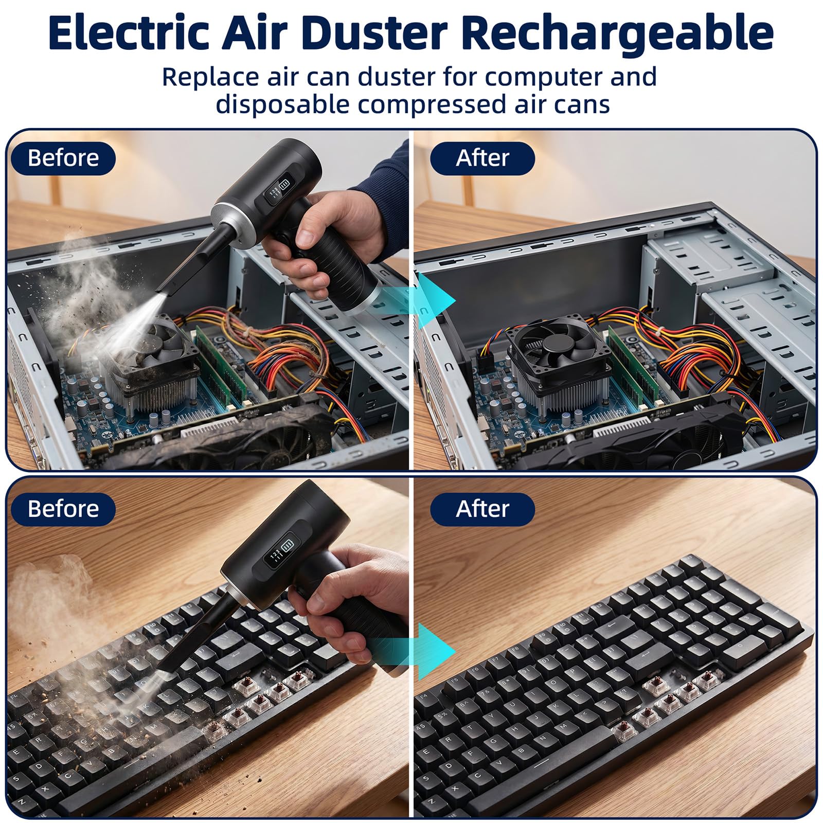 Compressed Air Duster, 100000RPM Super Power Electric Air Duster with LED Light, 3-Gear Adjustable Rechargeable Cordless Air Blower for Keyboard Car House Electric Devices Cleaning Outdoor