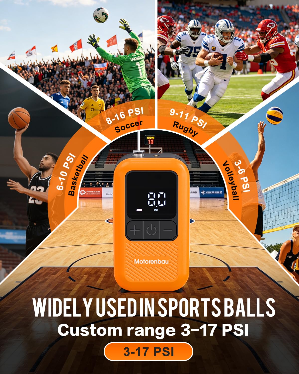 Motorenbau Electric Ball Pump for Sports Balls with LCD Display & LED Light-orange