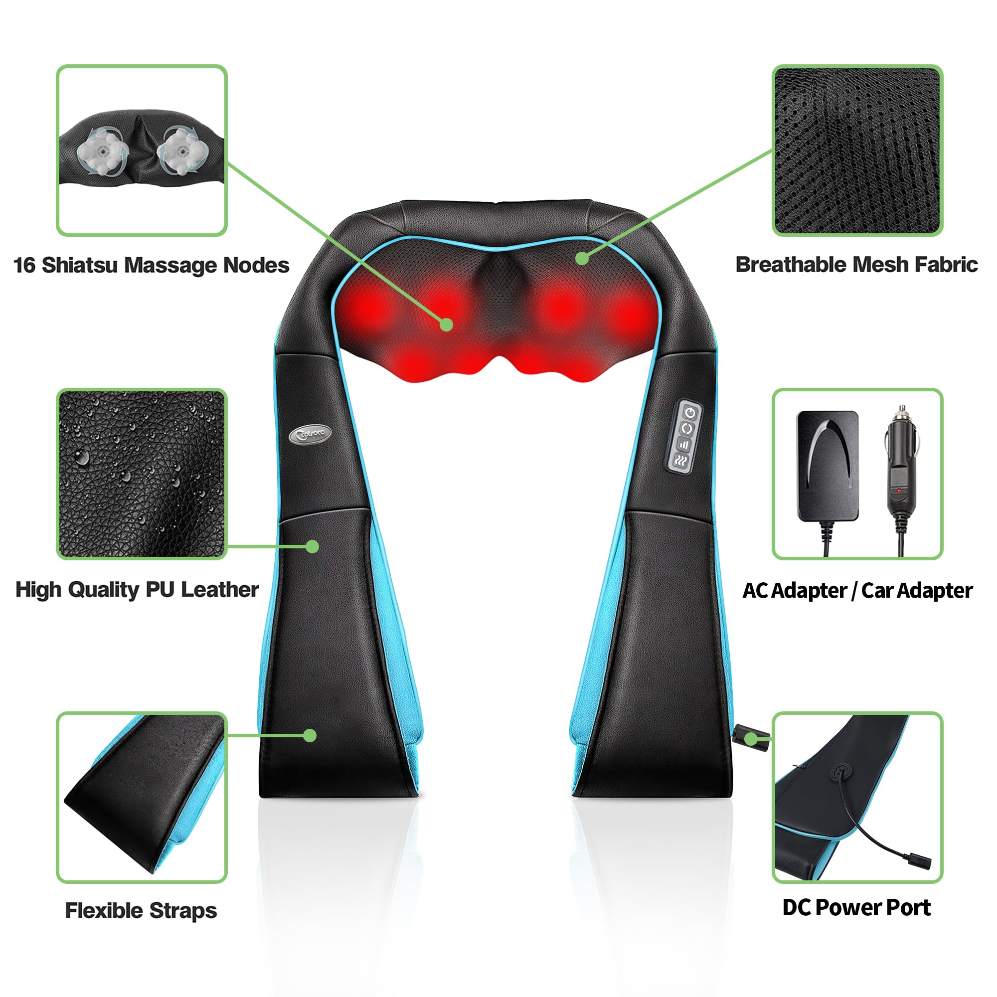 cotsoco Neck Massager, Shiatsu Neck and Back Massager with Heat for Pain Relief, Deep Tissue 3D Kneading Massage Pillow, Relaxation Gifts for Men and Women, Gifts for Dad, Elderly,Wife（Turquoise）
