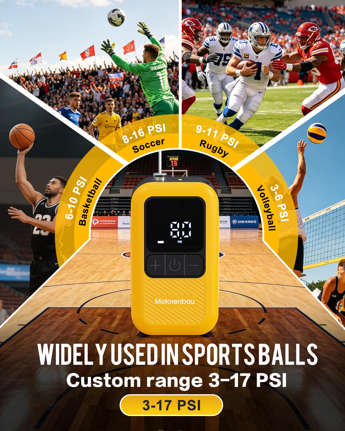 Motorenbau Electric Ball Pump for Sports Balls with LCD Display & LED Light-yellow