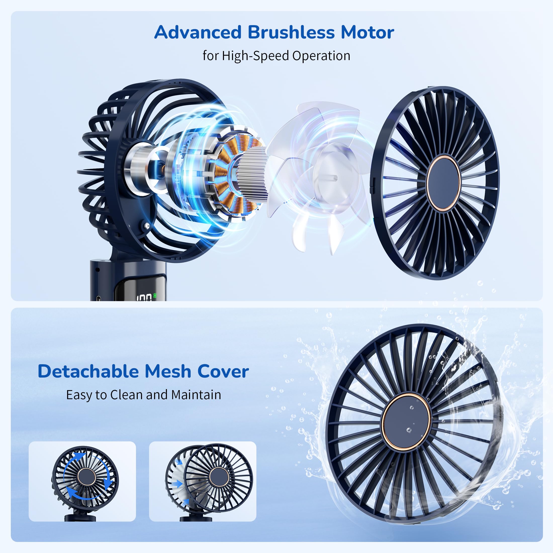 Portable Handheld Fan, USB Rechargeable Foldable Mini Personal Fan, 5200mAh, 180 Adjustable, 6 Speed Wind, 3 IN 1 Hand Cooling Desk Fan with LED Display for Home Office School Outdoor Travel, Blue