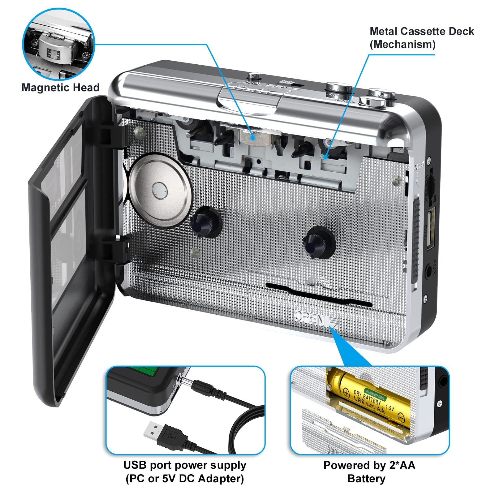 DIGITNOW USB Cassette Player, Portable Walkman Stereo Tape to MP3 Converter, Audio Music Recorder to MP3 Digital File Converter with Earphones, No PC Required, Black