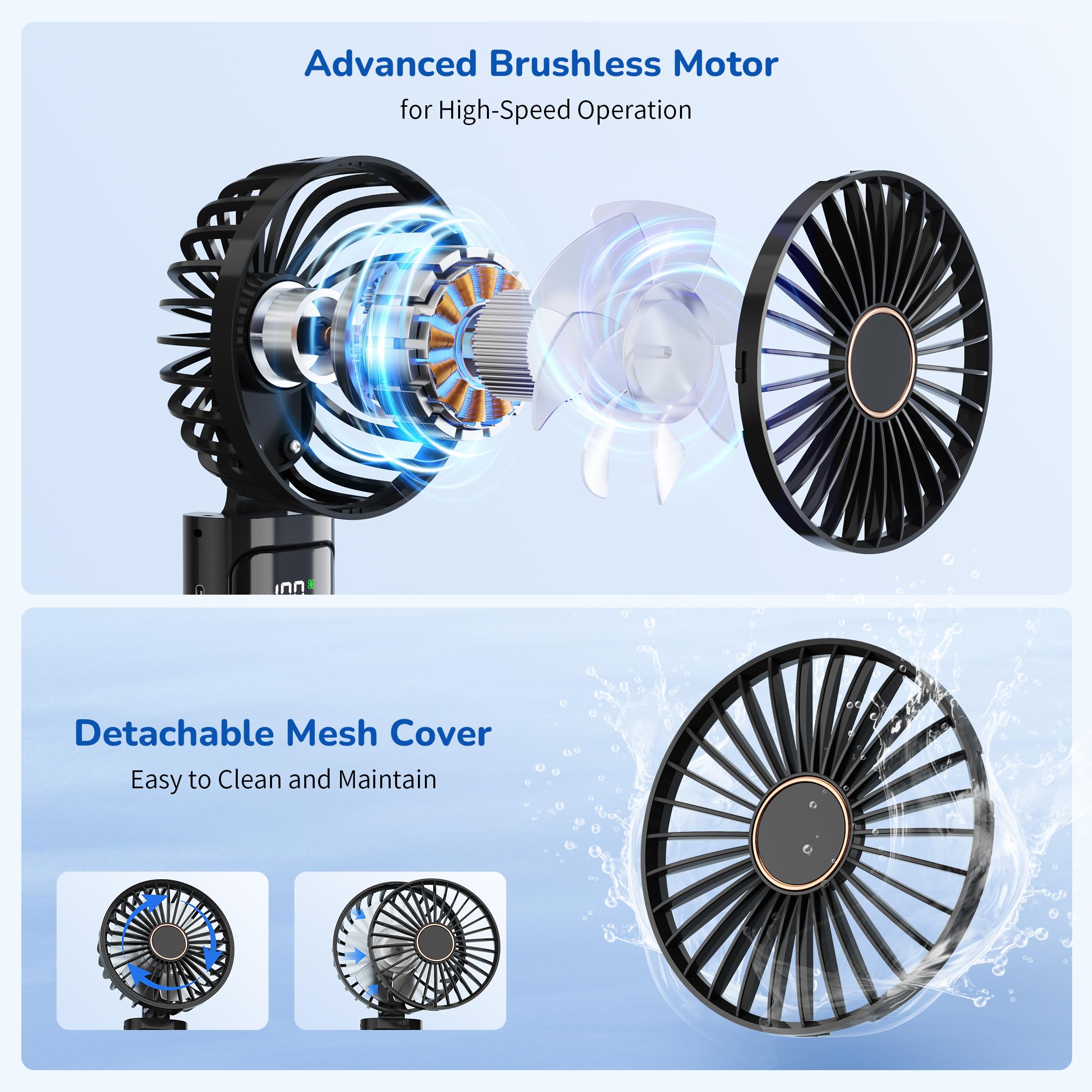 Portable Handheld Fan, USB Rechargeable Foldable Mini Personal Fan, 5200mAh, 180 Adjustable, 6 Speed Wind, 3 IN 1 Hand Cooling Desk Fan with LED Display for Home Office School Outdoor Travel, Black