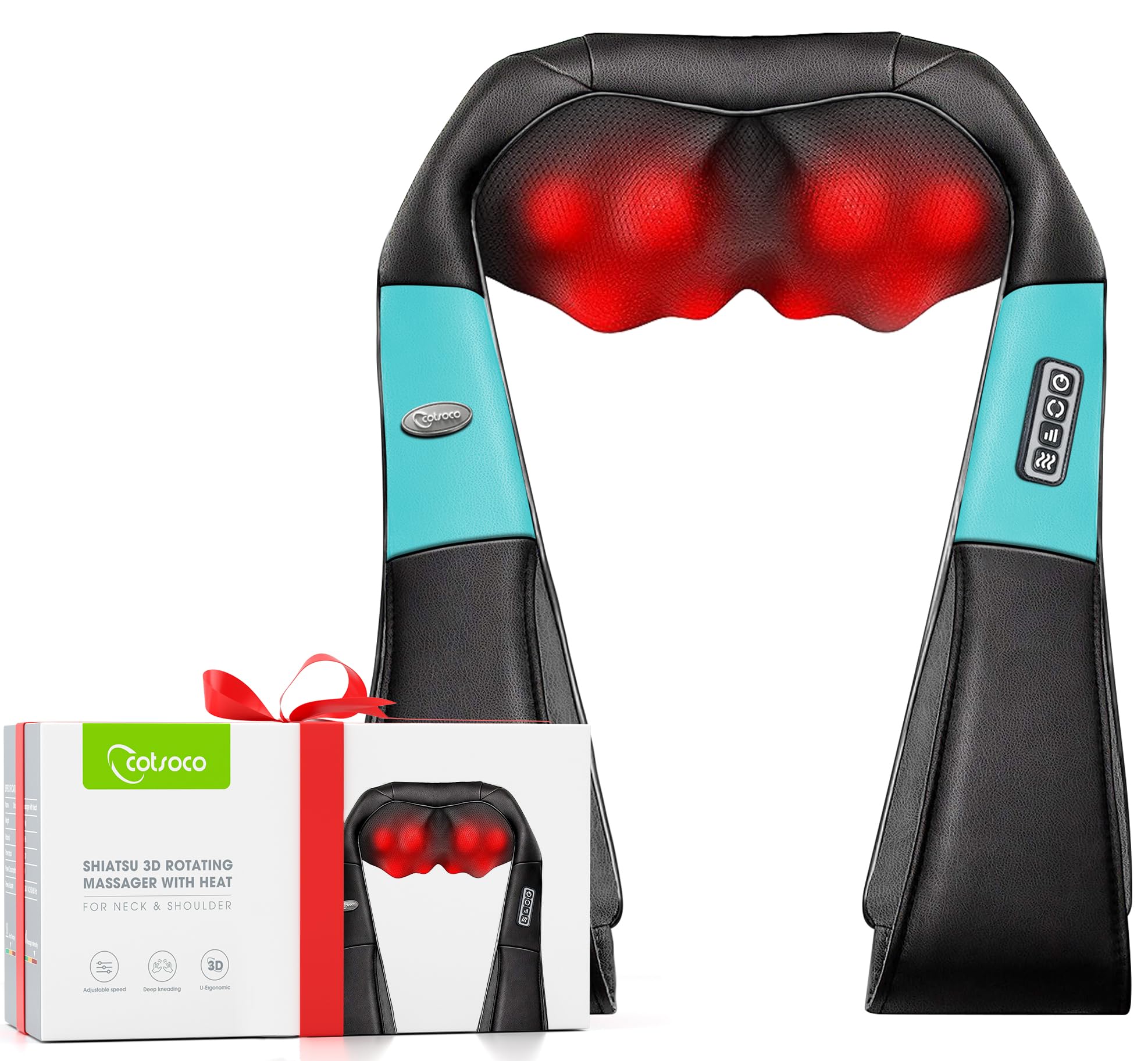 cotsoco Neck Massager, Shiatsu Neck and Back Massager with Heat for Pain Relief, Deep Tissue 3D Kneading Massage Pillow, Relaxation Gifts for Men and Women, Gifts for Dad, Elderly,Wife（Teal）