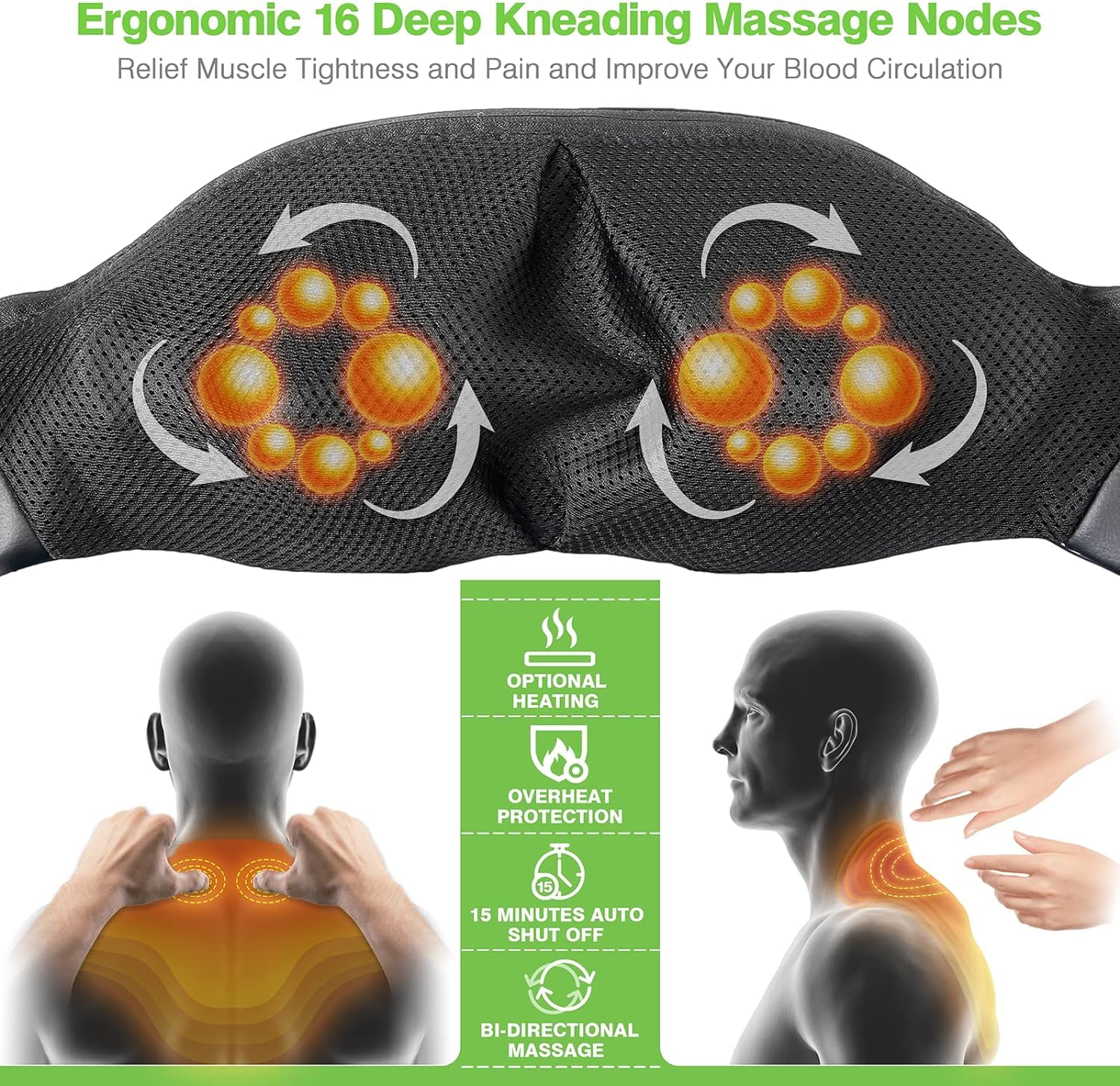 Cordless Shiatsu Neck and Shoulder Massager with Heat-3D Deep Tissue Kneading