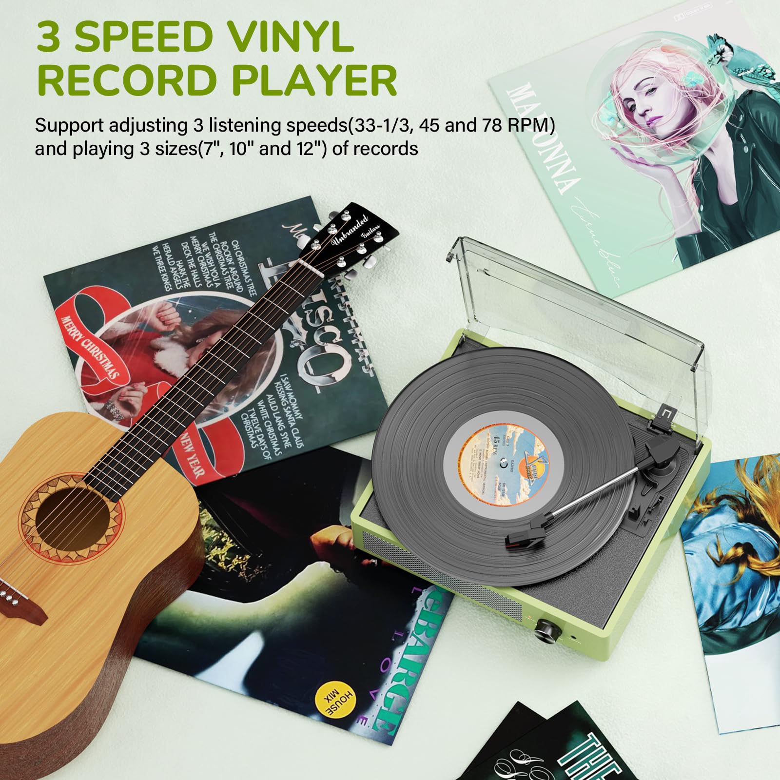 Vinyl Record Player with 2 Stereo Speakers Belt-Driven Vintage Turntables 3 Speed 3 Size Wireless Bluetooth Playback AUX-in RCA Out Headphone LP Vinyl Players Auto Stop Light Green
