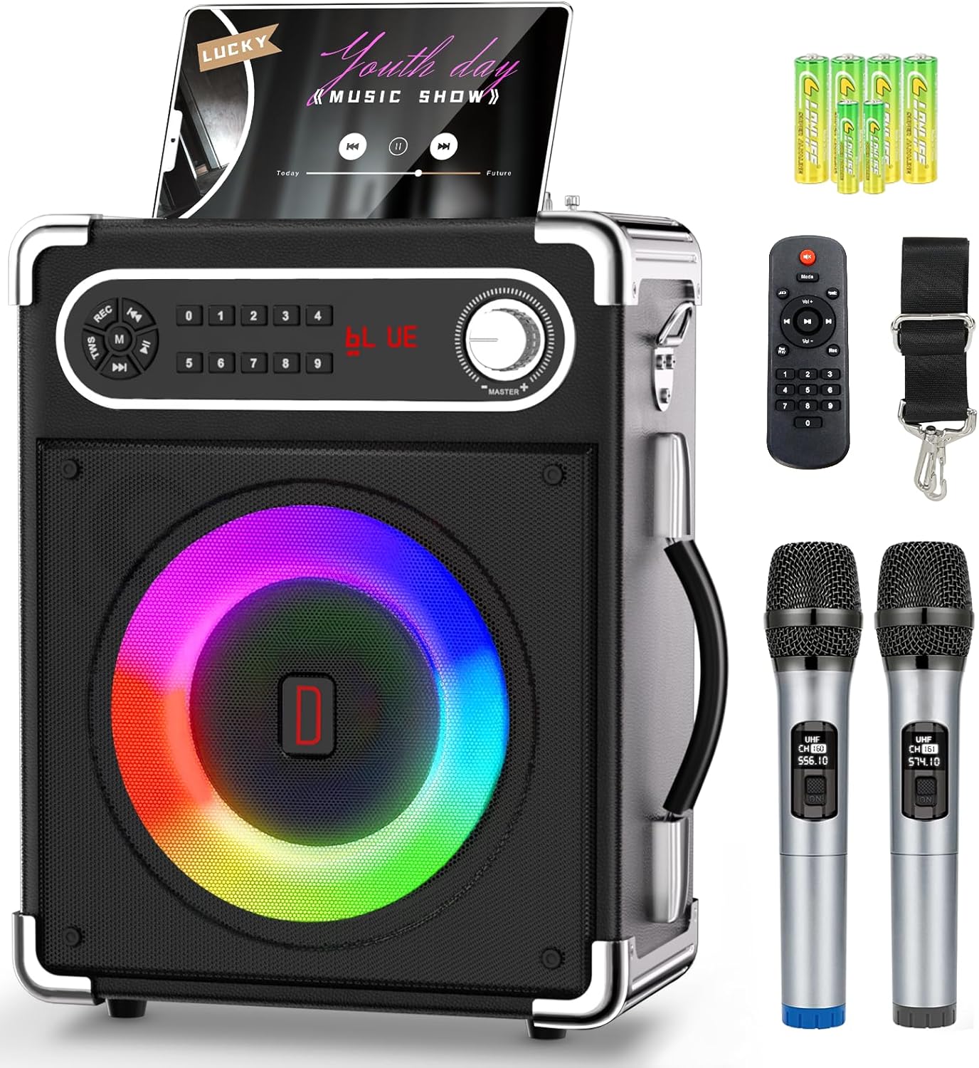 Karaoke Machine with 2 Wireless Microphones,Bluetooth 5.1 Speaker Bass/Treble Adjustment,PA System with Remote Control, Lights, Supports TF Card/USB, AUX in,TWS,FM,REC Party