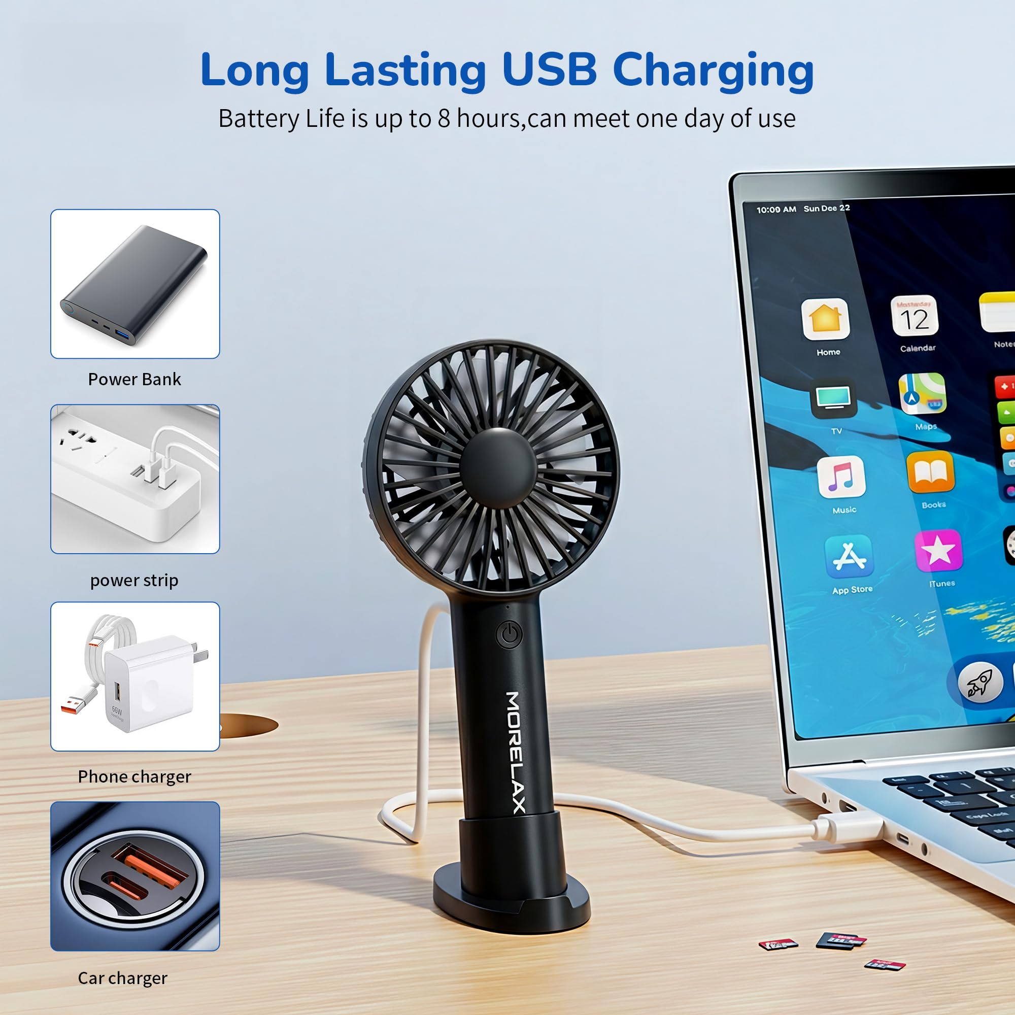 Jancane Handheld Fan, USB Rechargeable Mini Portable Fan with Base, 10H Battery, Strong Wind, Small & Powerful, Cute Design for Travel, Makeup, Girls Women Summer Gift (Greyblack)