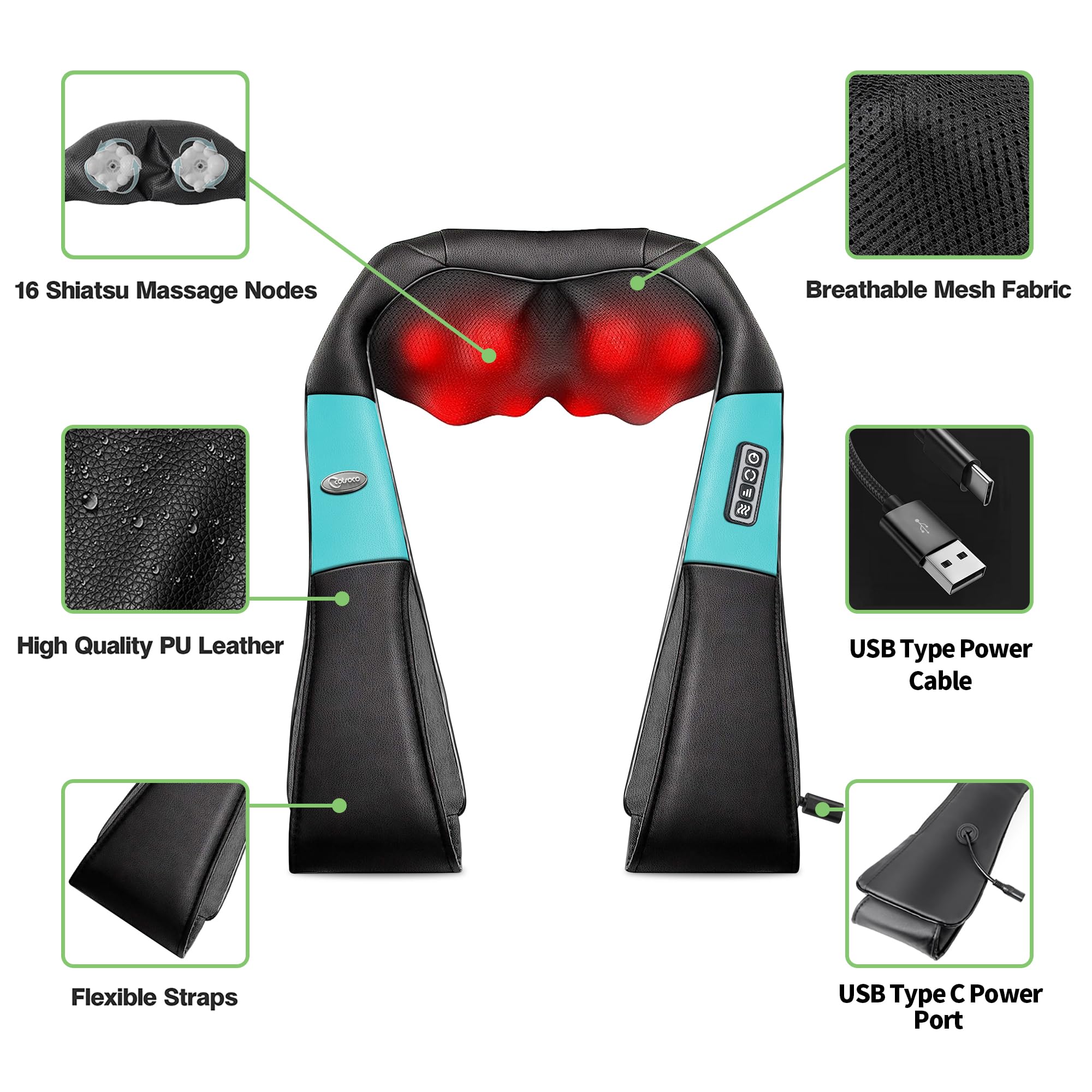cotsoco Neck Massager, Shiatsu Neck and Back Massager with Heat for Pain Relief, Deep Tissue 3D Kneading Massage Pillow, Relaxation Gifts for Men and Women, Gifts for Dad, Elderly,Wife（Teal）