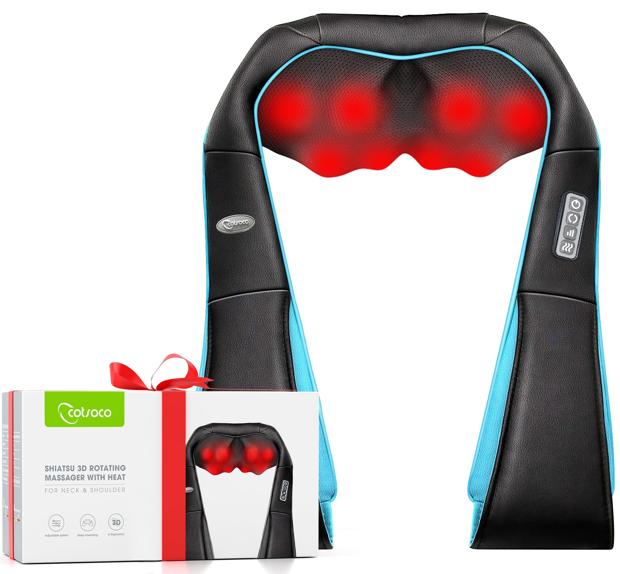 cotsoco Neck Massager, Shiatsu Neck and Back Massager with Heat for Pain Relief, Deep Tissue 3D Kneading Massage Pillow, Relaxation Gifts for Men and Women, Gifts for Dad, Elderly,Wife（Turquoise）