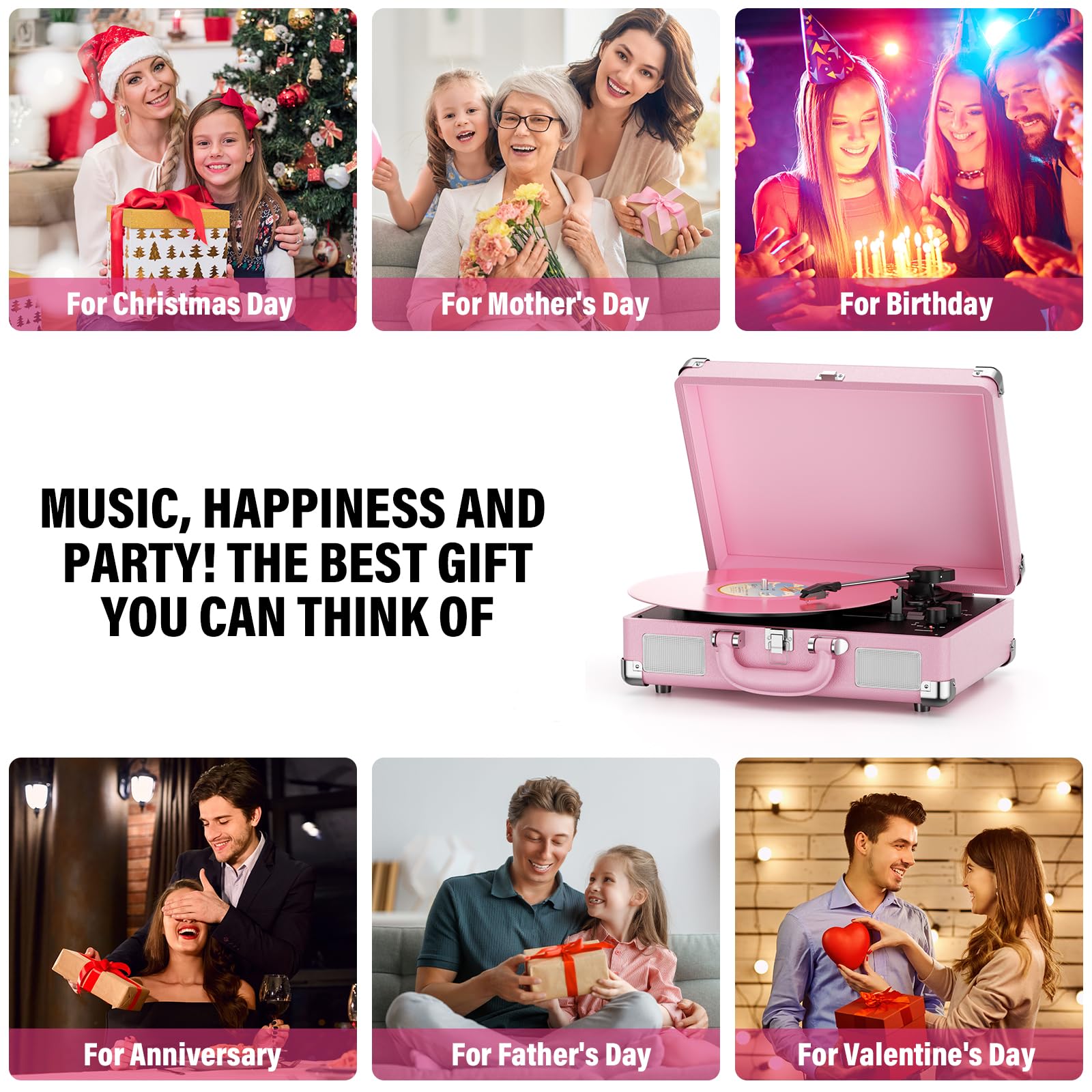 Vinyl Record Player Bluetooth 3-Speed Portable Vintage Suitcase with Built-in Speakers, RCA Line Out AUX in Headphone Jack Vintage Turntable,Pink