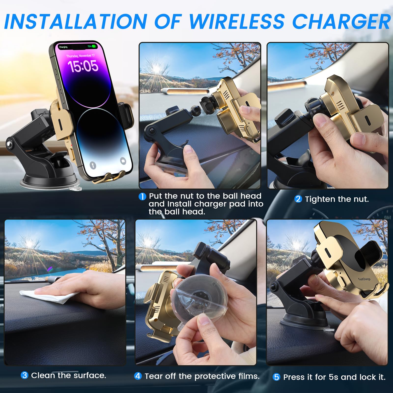 Wireless Car Charger,Fast Charging 15W Auto Clamping Car Charger(Gold)