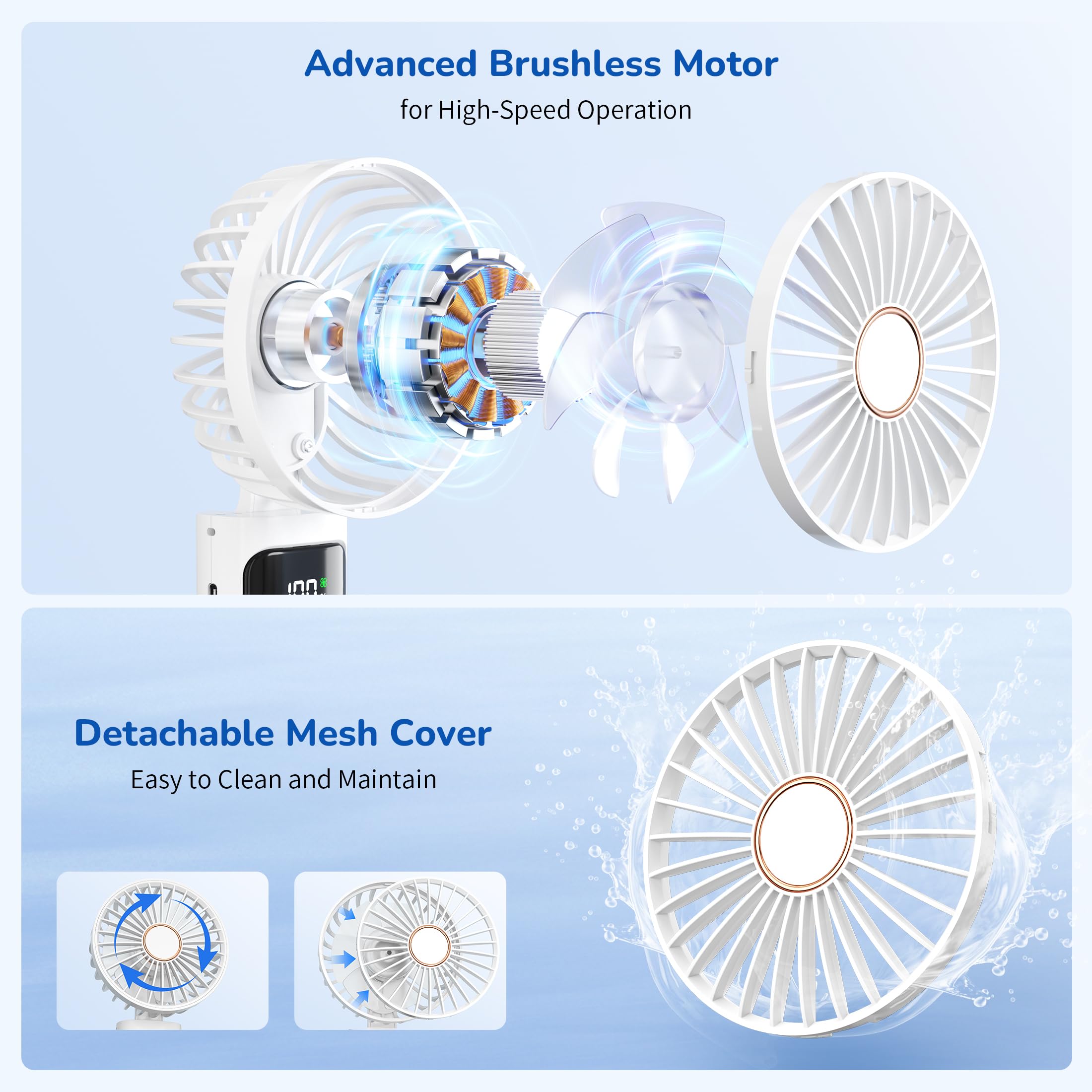 Portable Handheld Fan, USB Rechargeable Foldable Mini Personal Fan, 5200mAh, 180 Adjustable, 6 Speed Wind, 3 IN 1 Hand Cooling Desk Fan with LED Display for Home Office School Outdoor Travel, White