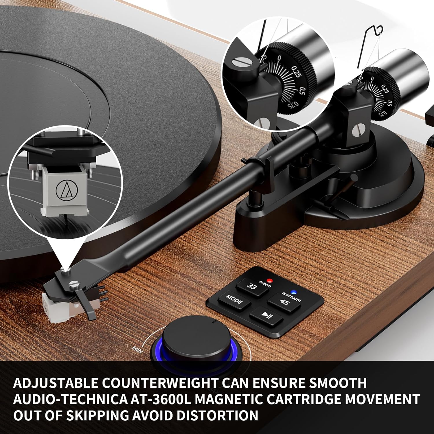 Bluetooth Turntable with Speaker, Compact Stereo System and Adjustable Counterweight, RCA Output