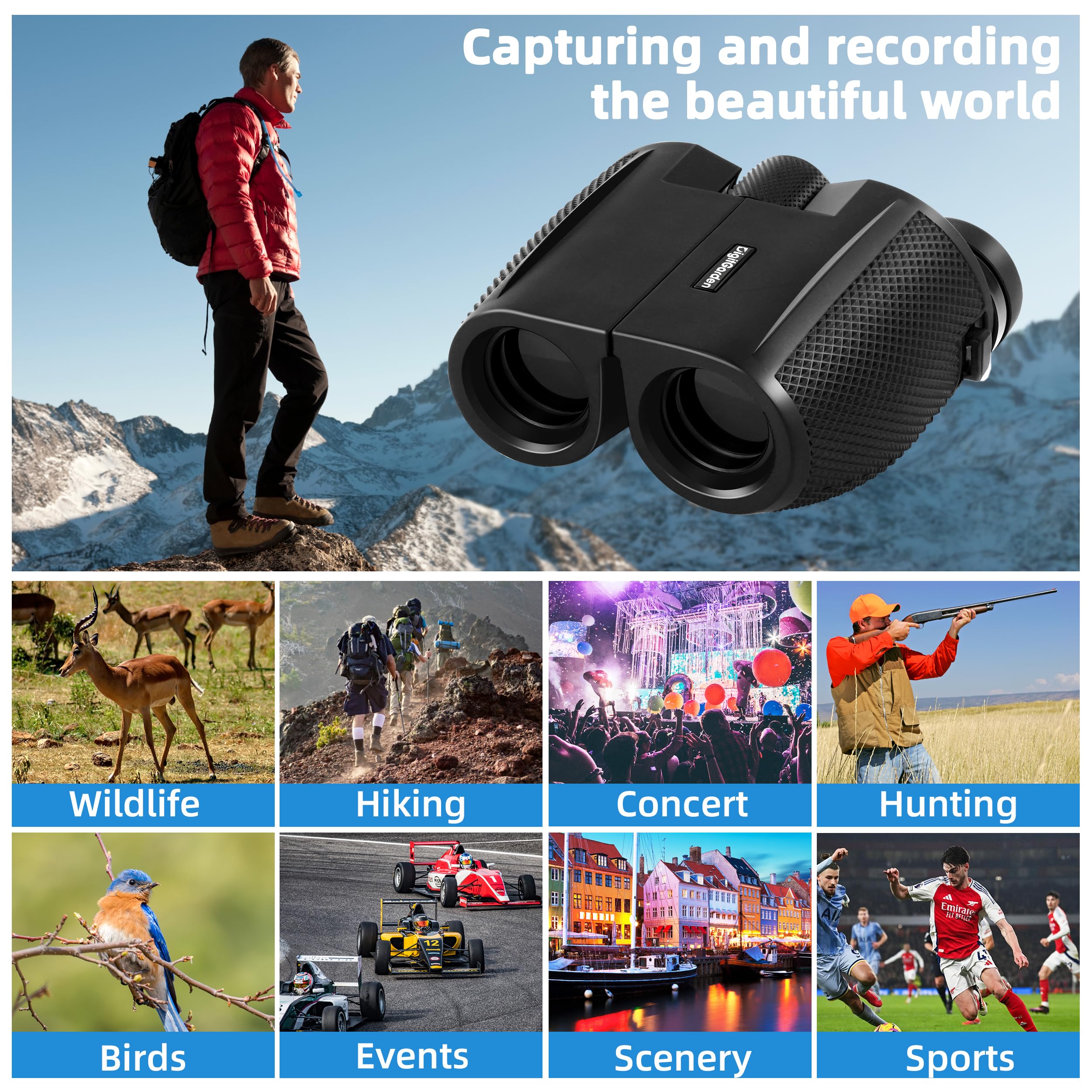 Binoculars for Adults and Kids, 12x25 HD Compact Binoculars for Bird Watching, Large Eyepiece Waterproof Binocular and Low Light Vision, Easy Focus for Sport Games, Outdoor Hunting, Travel Sightseeing