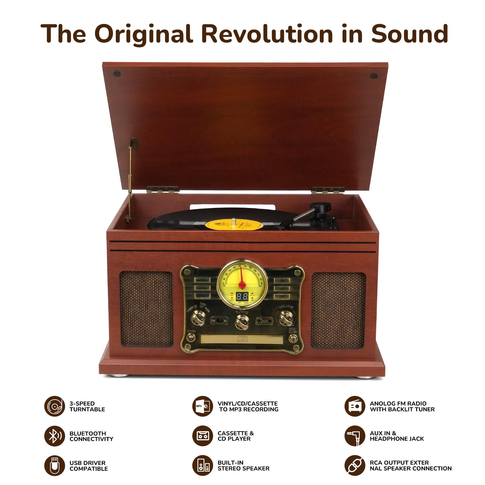 Bluetooth Record Player 10 in 1, 3-Speed Turntable for Vinyl with Speakers, LP to MP3 Converter, CD, Cassette Player, FM Radio, Wireless Streaming | Mahogany