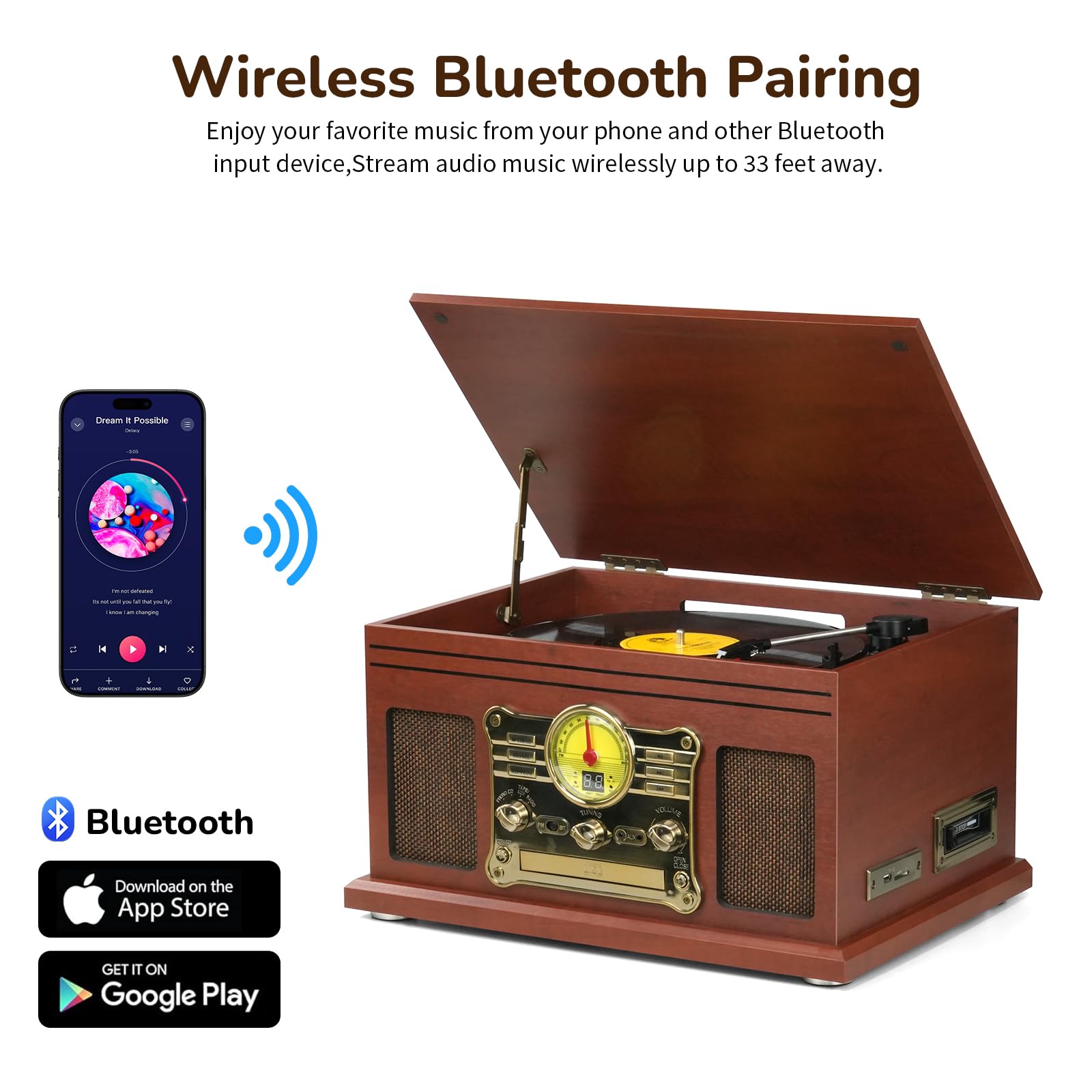 Bluetooth Record Player 10 in 1, 3-Speed Turntable for Vinyl with Speakers, LP to MP3 Converter, CD, Cassette Player, FM Radio, Wireless Streaming | Mahogany