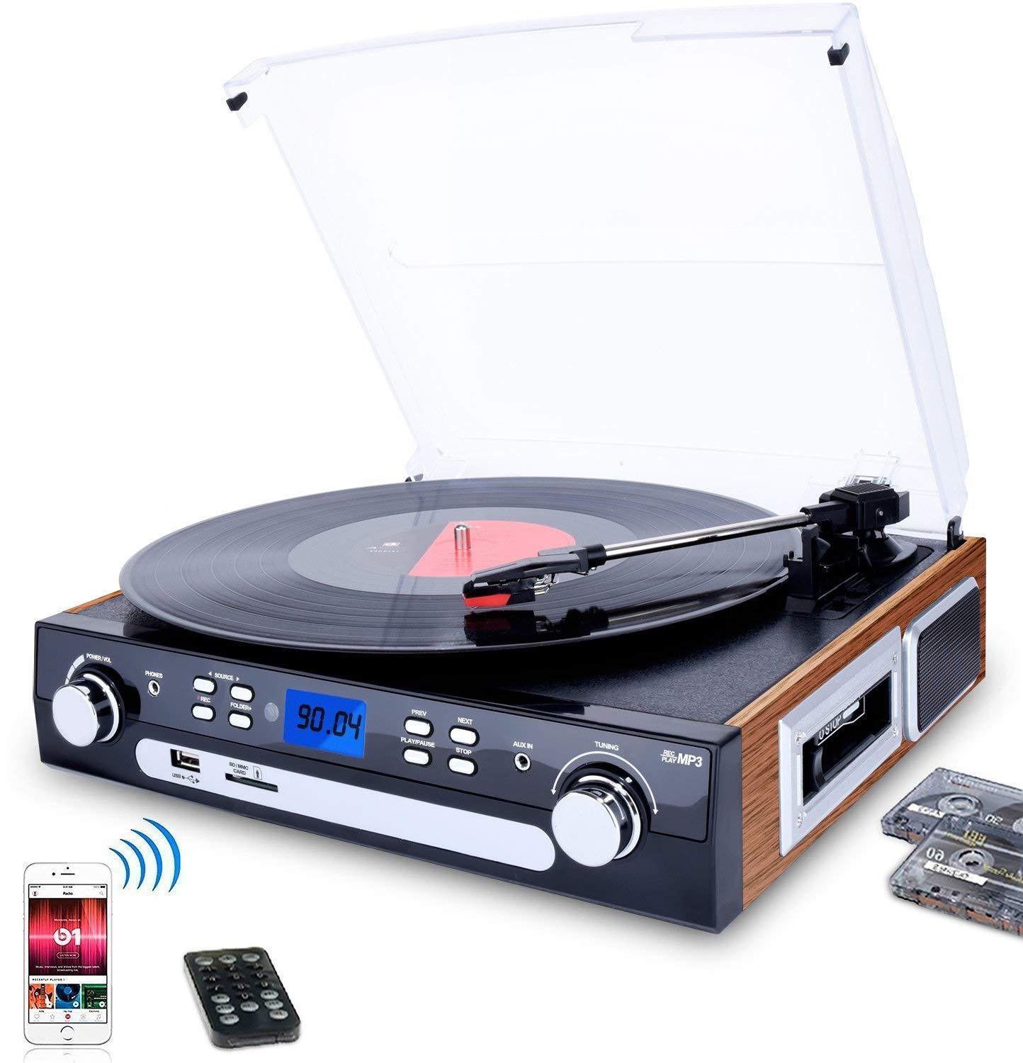 Bluetooth Record Player with Speakers,Support Cassette Play, AM/FM Radio, Remote Control