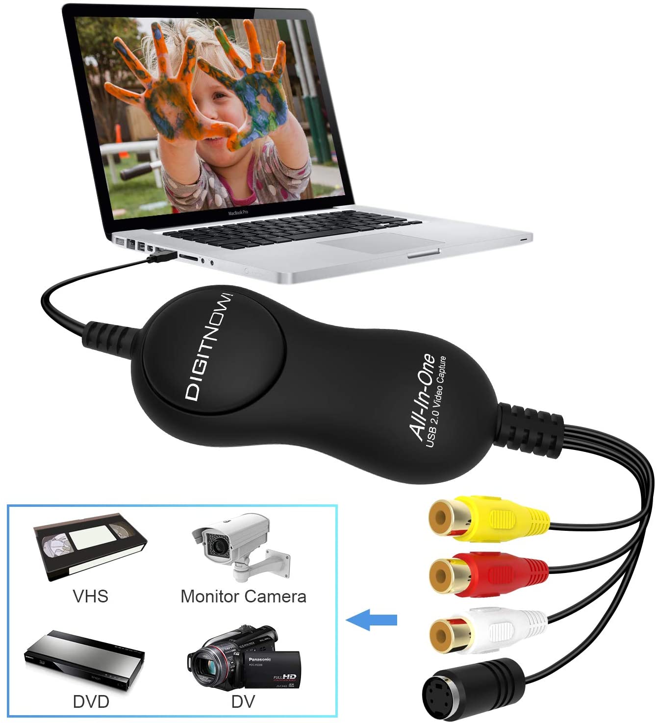 DIGITNOW USB 2.0 Video Capture Card Device Video Grabber One Touch VHS VCR TV to DVD Converter, Transfer VHS Home Videos to Mac OS X PC Windows 7 8 10