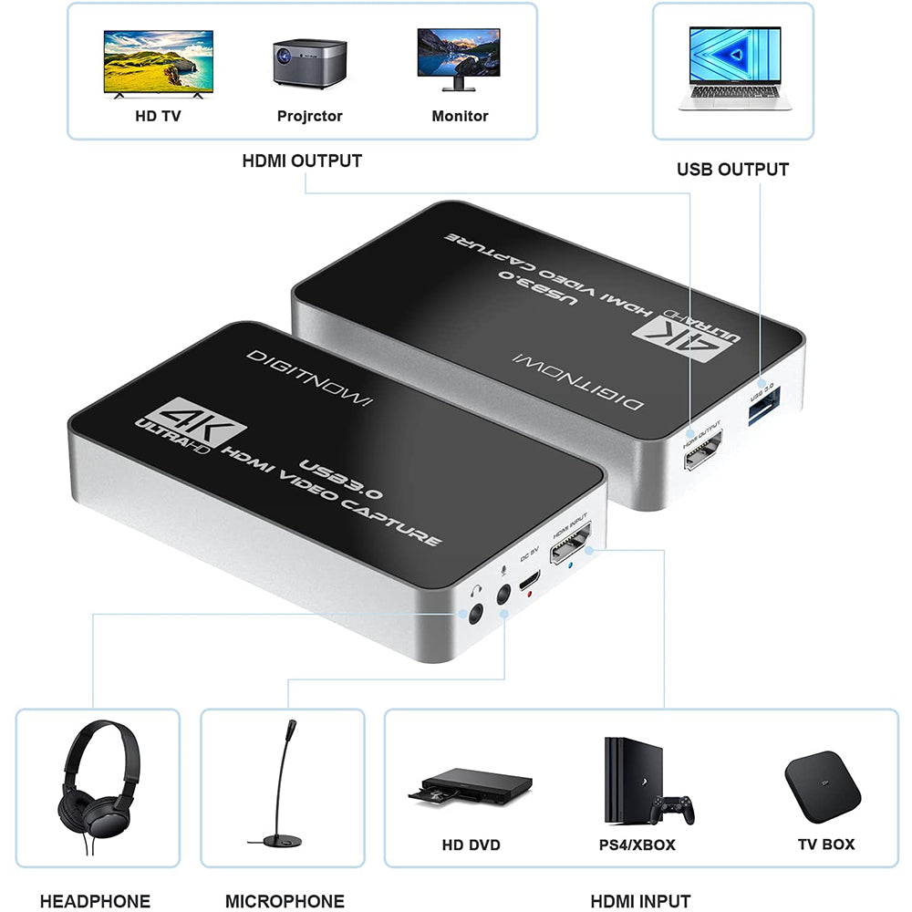 stribe coping Vanvid DIGITNOW 4K HDMI Video Capture Card, USB 3.0 with Microphone and Earph