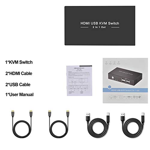 HDMI KVM Switch, 4 USB 2.0 Ports,2 HDMI Ports Support Wireless Keyboard and Mouse, USB Disk, Printer, Plug and Play