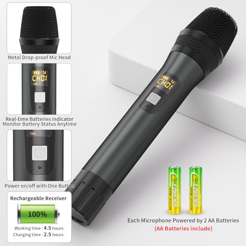 voijump Wireless Microphones, Metal UHF Dual Handheld Dynamic Mic System,Microfonos Inalambricos with Rechargeable Receiver,160ft Range,for Karaoke, Speech, Wedding, Church, PA System,Singing Machine