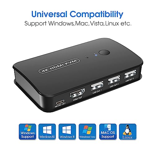 4K KVM Switch HDMI 2 Port Box, USB and HDMI Switch for 2 Computers Share Keyboard Mouse Printer and one HD Monitor, Support UHD 4K@30Hz, with Remote Controller and 2 KVM Cables