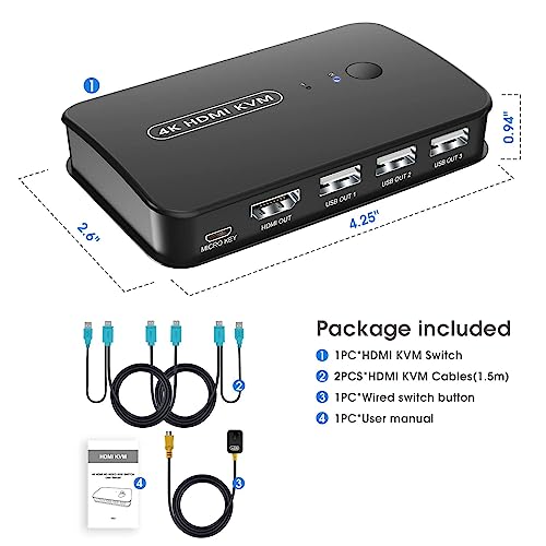 4K KVM Switch HDMI 2 Port Box, USB and HDMI Switch for 2 Computers Share Keyboard Mouse Printer and one HD Monitor, Support UHD 4K@30Hz, with Remote Controller and 2 KVM Cables