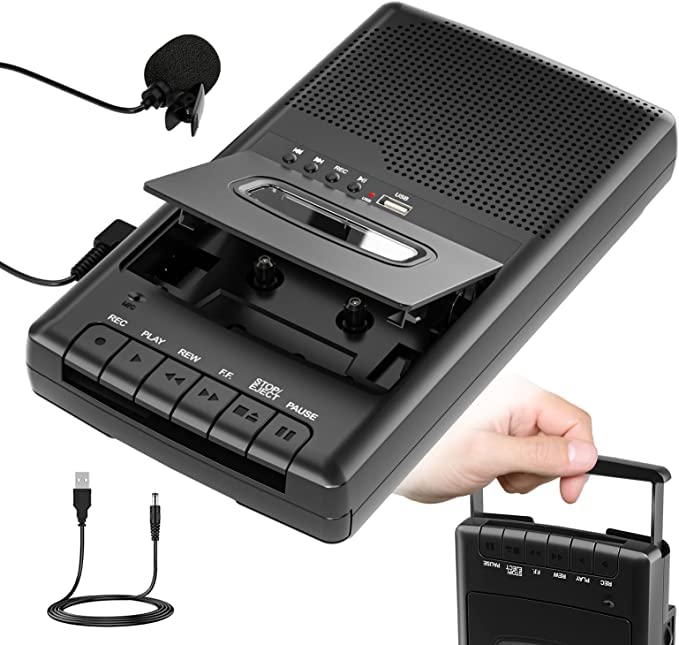Portable Cassette Player, Tape Recorder with Stand-Alone Microphone, Walkman Cassettes Tape Digital Converter to USB Flash Disk, Built-in Speaker/Retractable Handle/3.5MM Headphone Jack