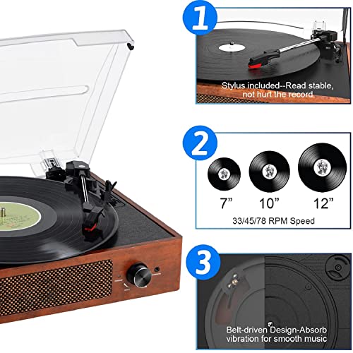 Mersoco Bluetooth Record Player Belt-Driven 3-Speed Turntable, Vintage Vinyl Record Players Built-in Stereo Speakers, with Headphone Jack/Aux Input/RCA Line Out, Wooden
