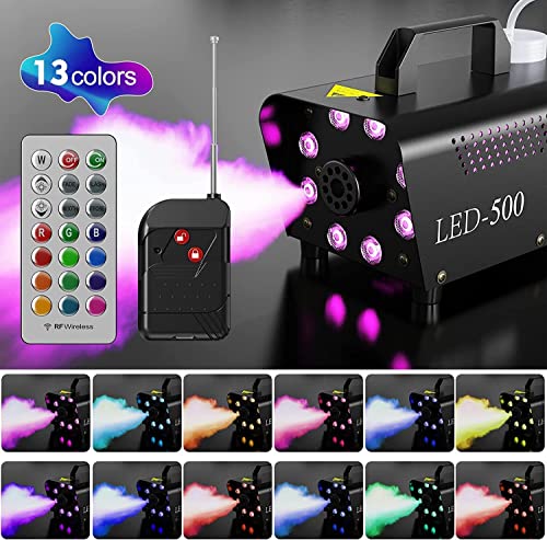 Smoke Machine, Fog Machine Halloween Indoor- 3 Stage LED Lights with 13 Colors & Strobe Effect, Automatic Smoke Machine for Party Wedding Holiday, 500W with Receiver and Wireless Remote Controls