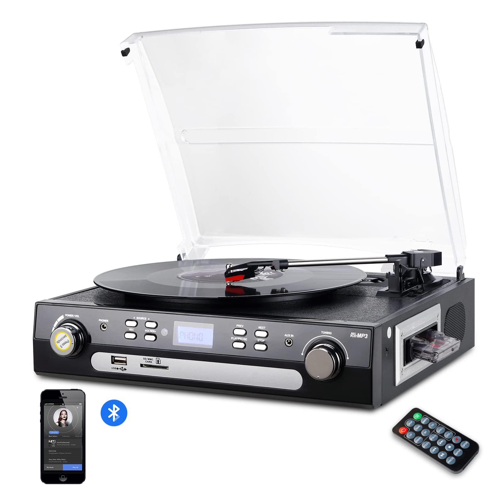 Bluetooth Record Player with Speakers,Support Cassette Play, AM/FM Radio, Remote Control