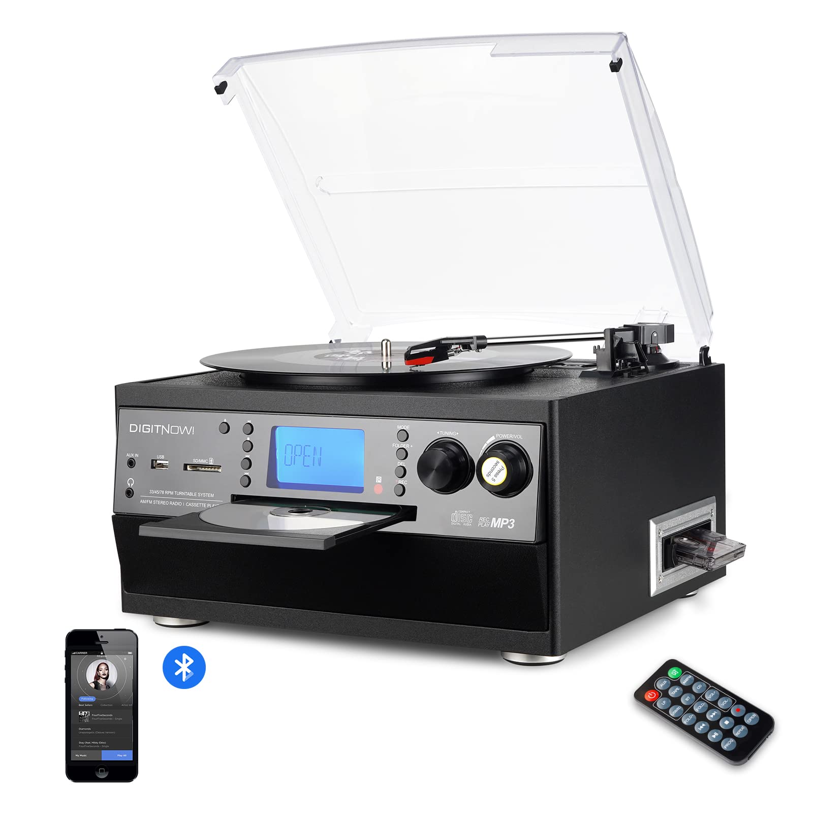 Multi-functional Bluetooth Record Player withSpeaker, CD, Cassette, Radio, Aux in &Remote Control