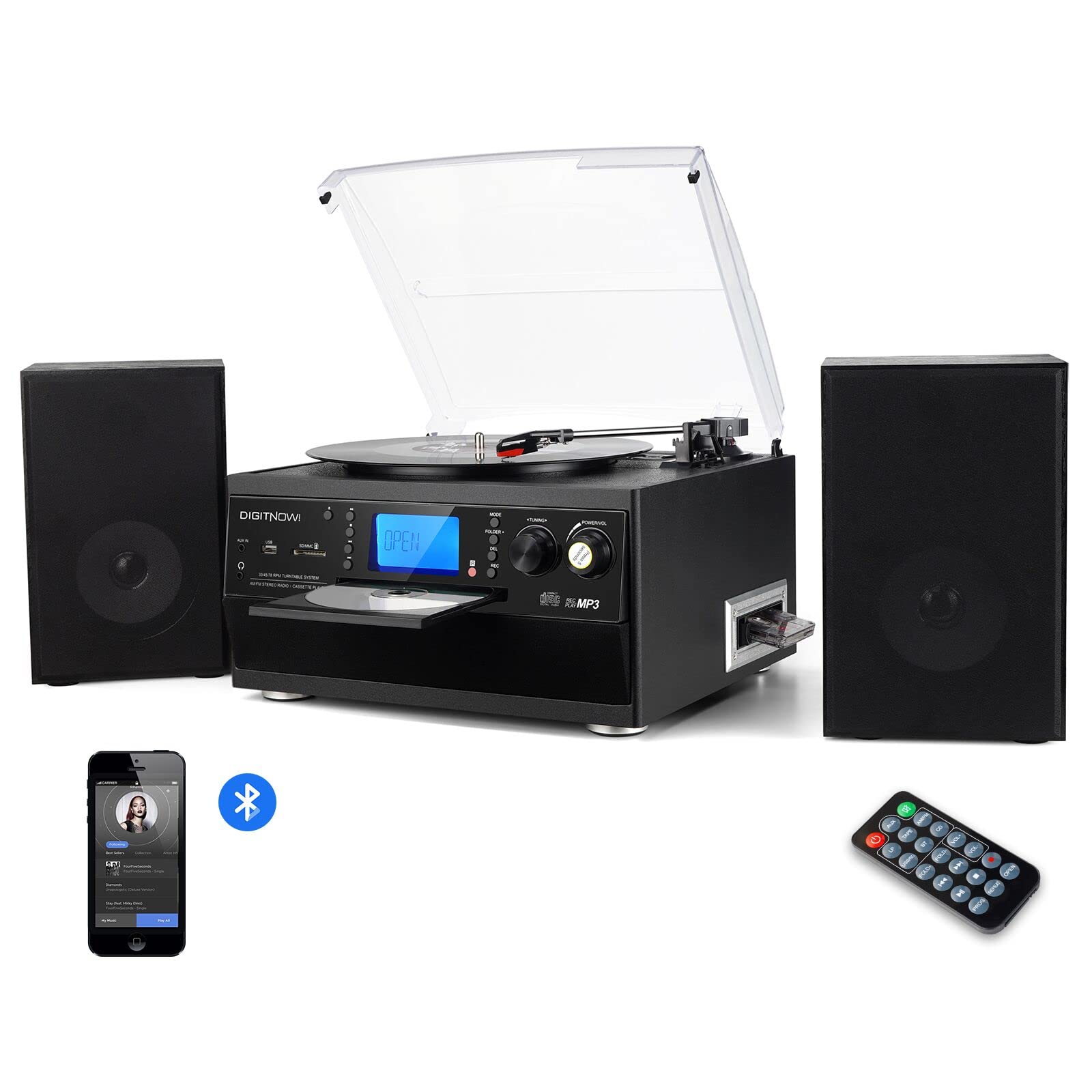 Multi-functional BT Turntable Player with two Speakers,Support CD, Cassette, Radio,Remote Control