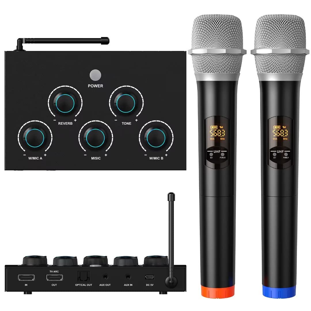 Portable Karaoke Microphone Mixer System Set with Dual UHF Wireless M