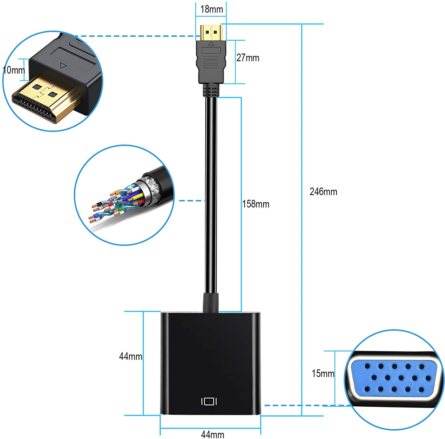 Rybozen HDMI to VGA, Gold-Plated HDMI to VGA Adapter (Male to Female) Support Computer, Desktop, Laptop, PC, Monitor, Projector, HDTV, Chromebook, Raspberry Pi, Roku, Xbox and More
