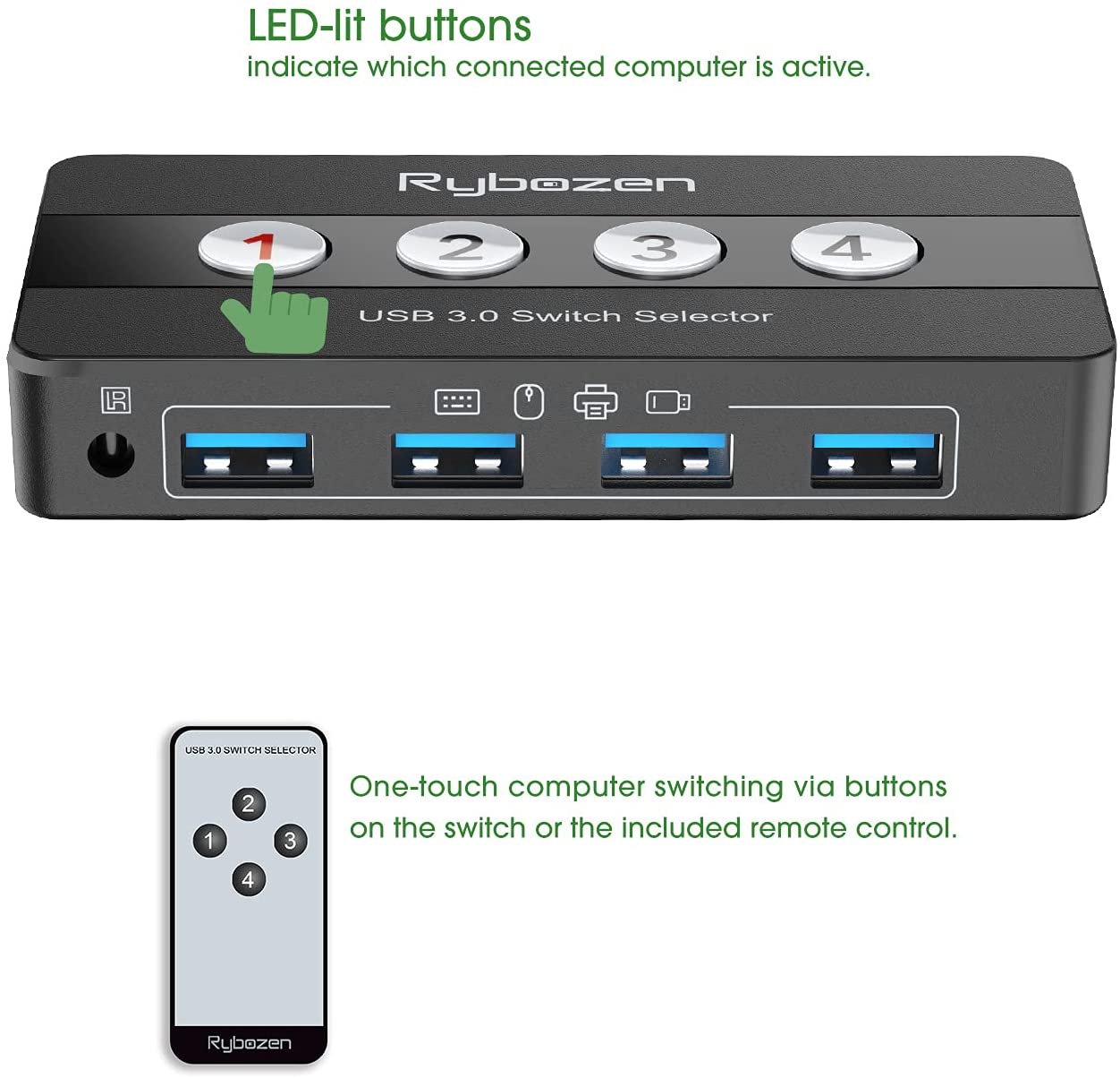 Rybozen USB 3.0 Switch Selector, 4 Port KVM Switch USB Peripheral Switcher Box