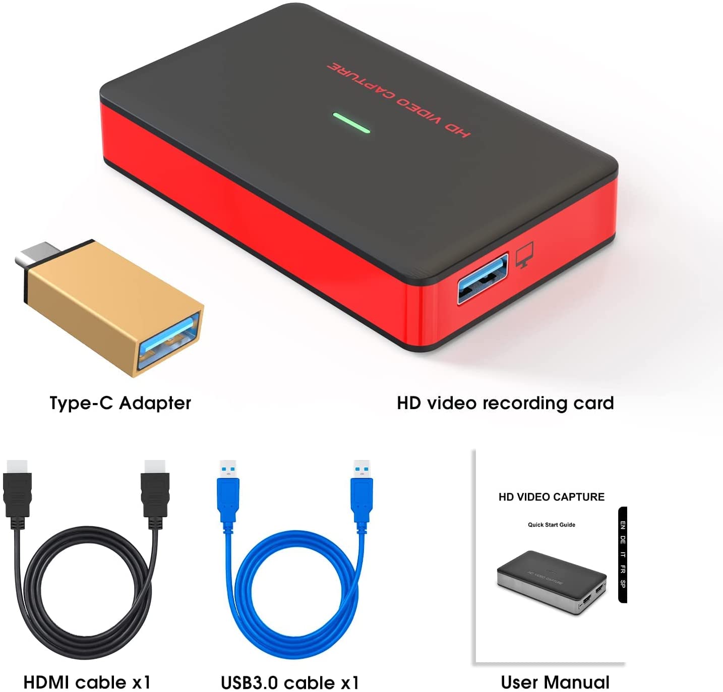 Video Capture Card, USB3.0 HDMI to USB C Audio Capture Card, 4K 1080P 60FPS  Capture with Type-C Adapter Devices for Gaming Live Streaming Video