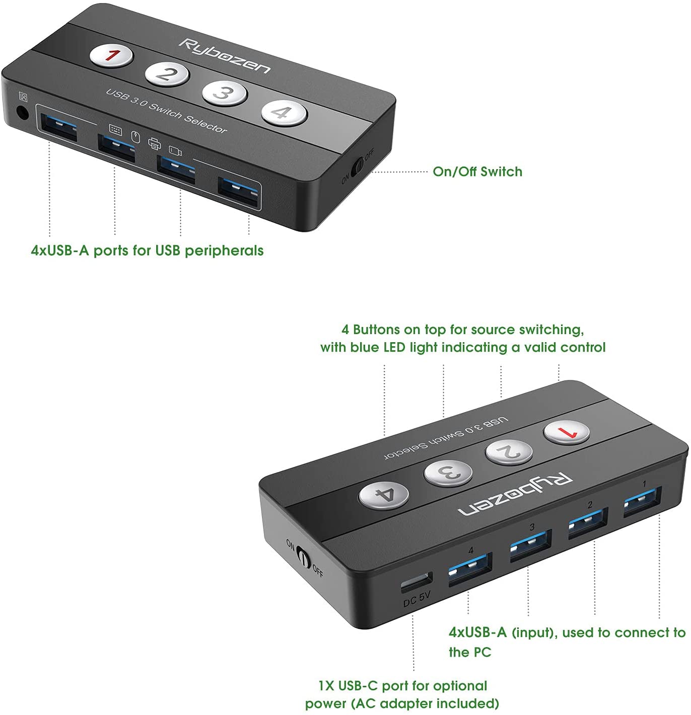 Rybozen 4 Puertos USB 3.0 Switch, USB KVM Conmutador 2 Entradas y 4 Salidas  con 2 Cable USB para Compartir Teclado, Ratón, Disco Duro, Impresoras,  Escáneres : : Informática