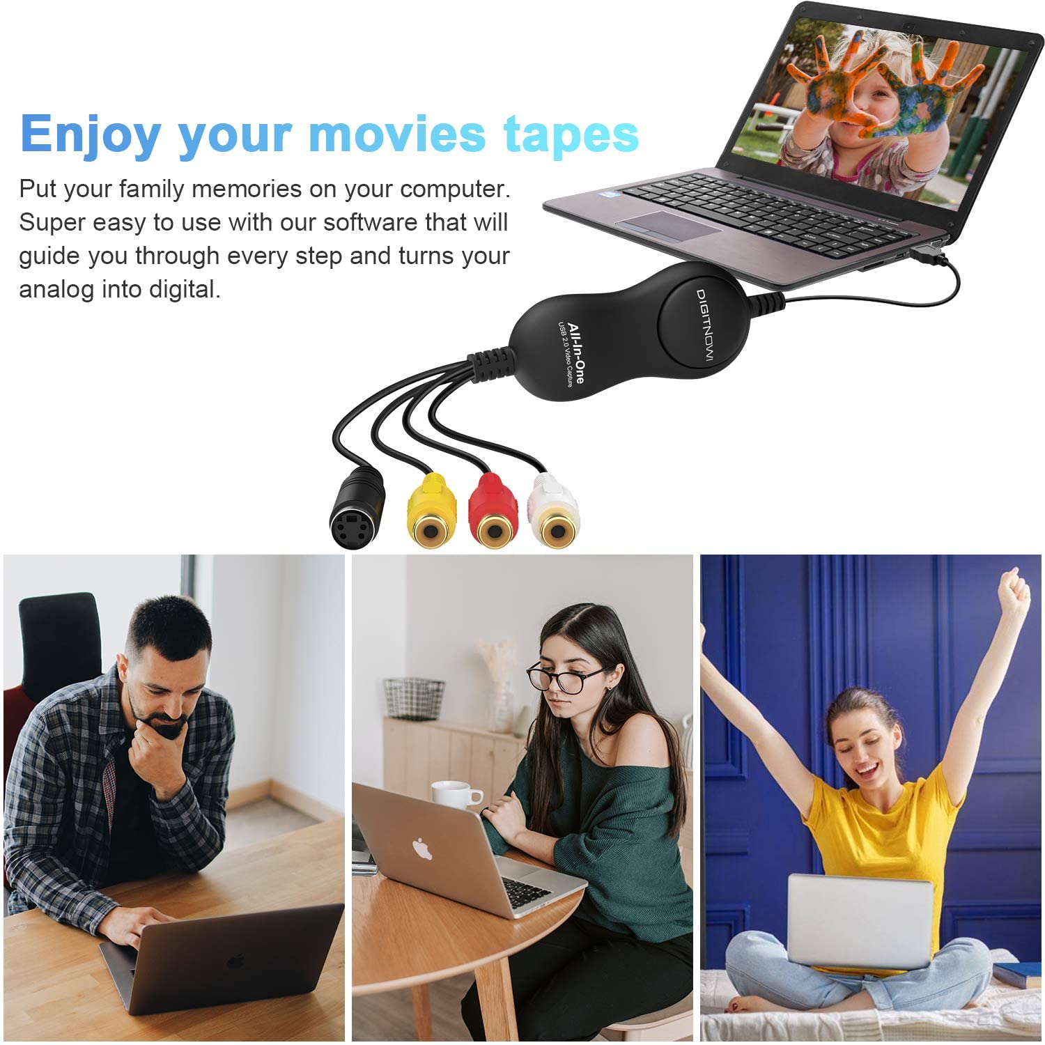 DIGITNOW USB 2.0 Video Capture Card Device Video Grabber One Touch VHS VCR TV to DVD Converter, Transfer VHS Home Videos to Mac OS X PC Windows 7 8 10