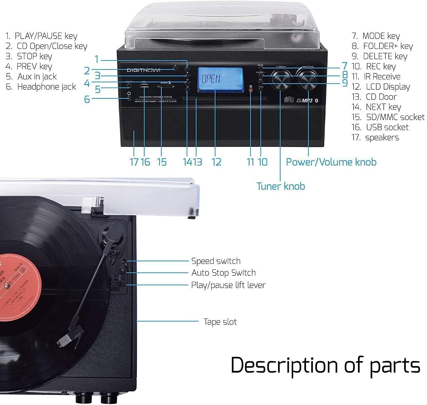 Multi-functional BT Turntable Player with two Speakers,Support CD, Cassette, Radio,Remote Control