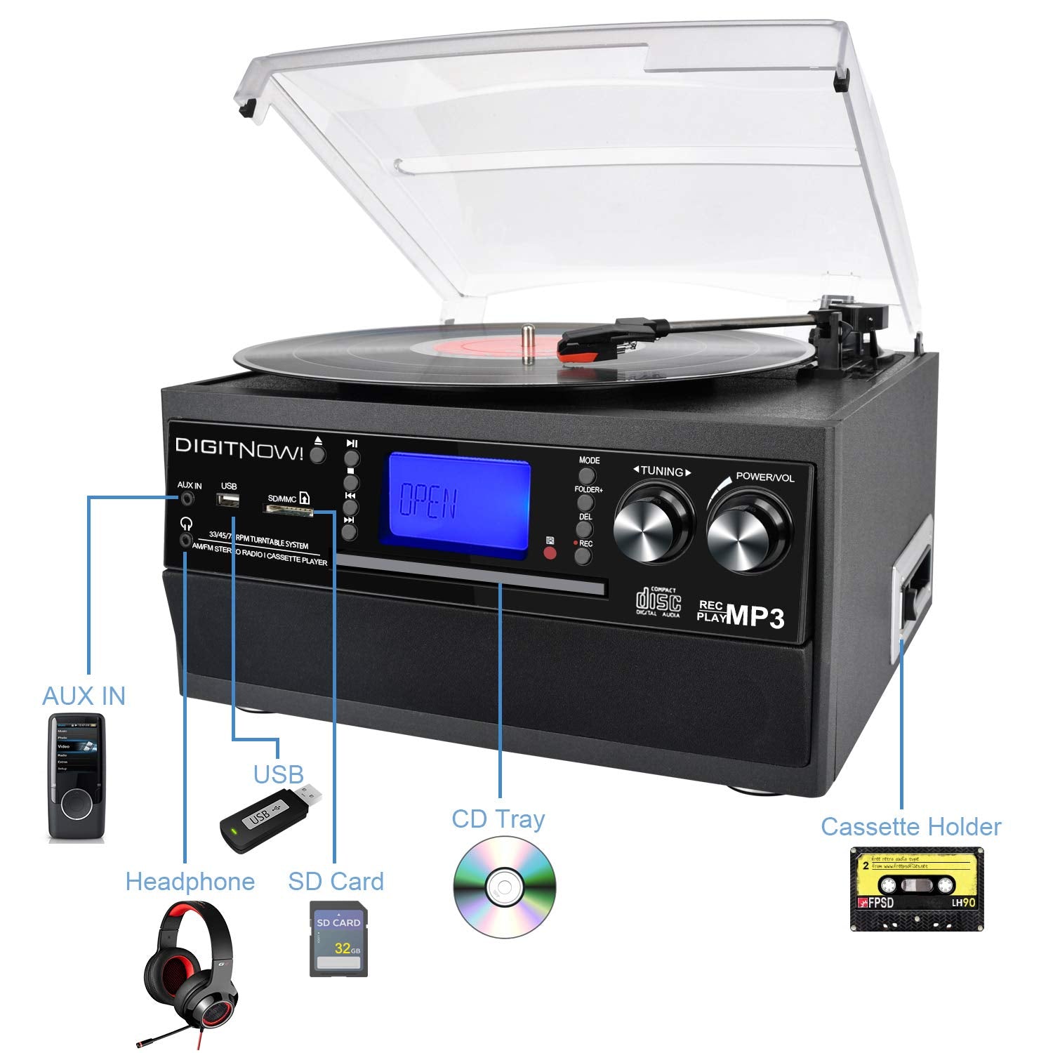 Multi-functional Bluetooth Record Player withSpeaker, CD, Cassette, Radio, Aux in &Remote Control